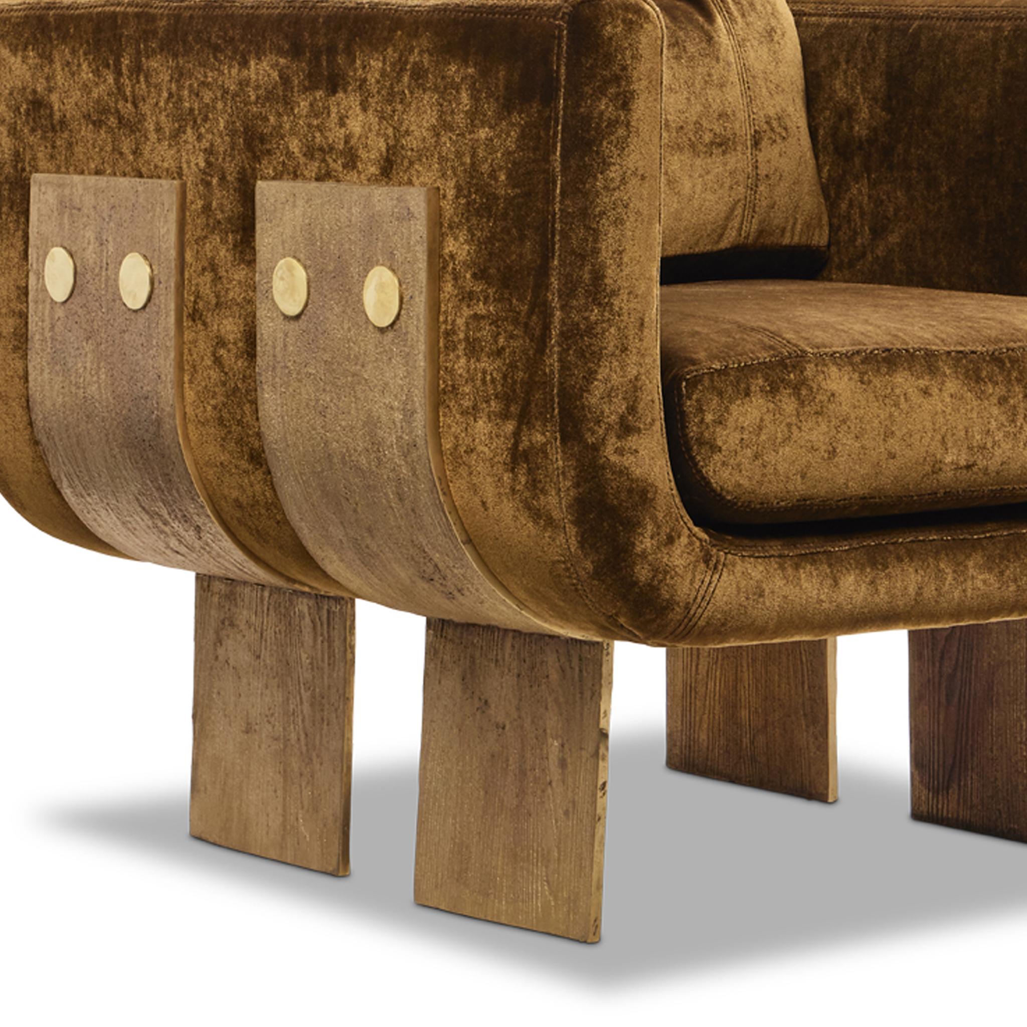 Portuguese Solid Cast Brass & Plush Velvet Primal Statement Lounge Chair by Egg Designs For Sale