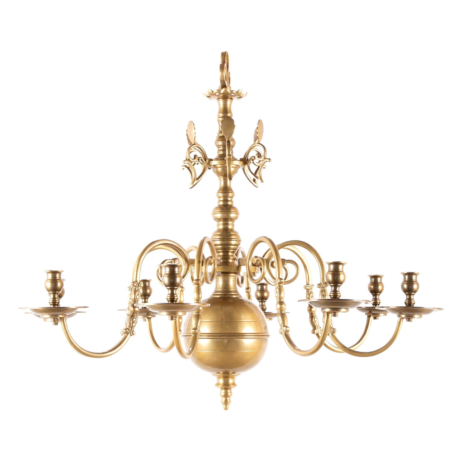 Solid Cast Brass Queen Anne Style Eight-Arm Chandelier with Rare Reflectors