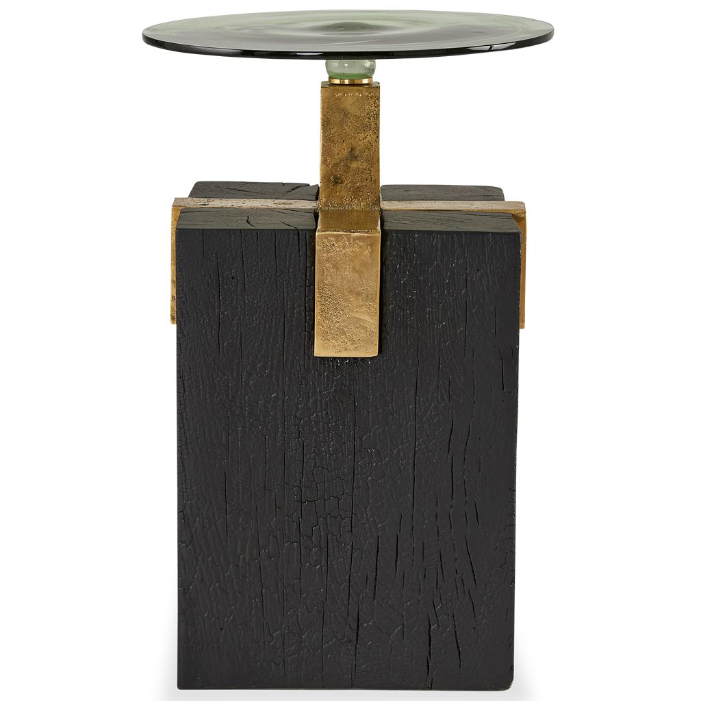 Solid Cast Brass, Shou Sugi Ban Oak Cant & Handblown Glass Cant Side Table For Sale 4