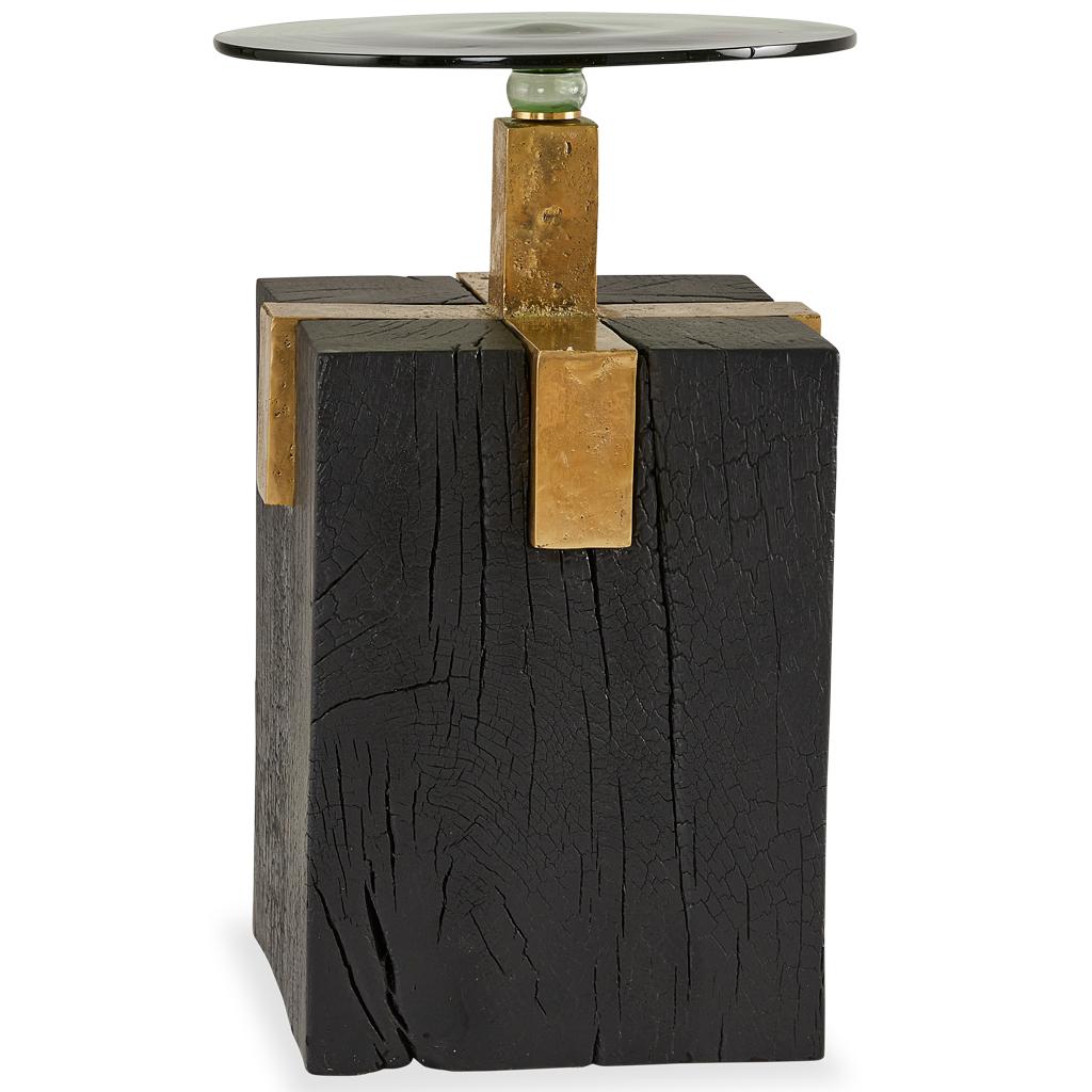 Solid Cast Brass, Shou Sugi Ban Oak Cant & Handblown Glass Cant Side Table For Sale 5