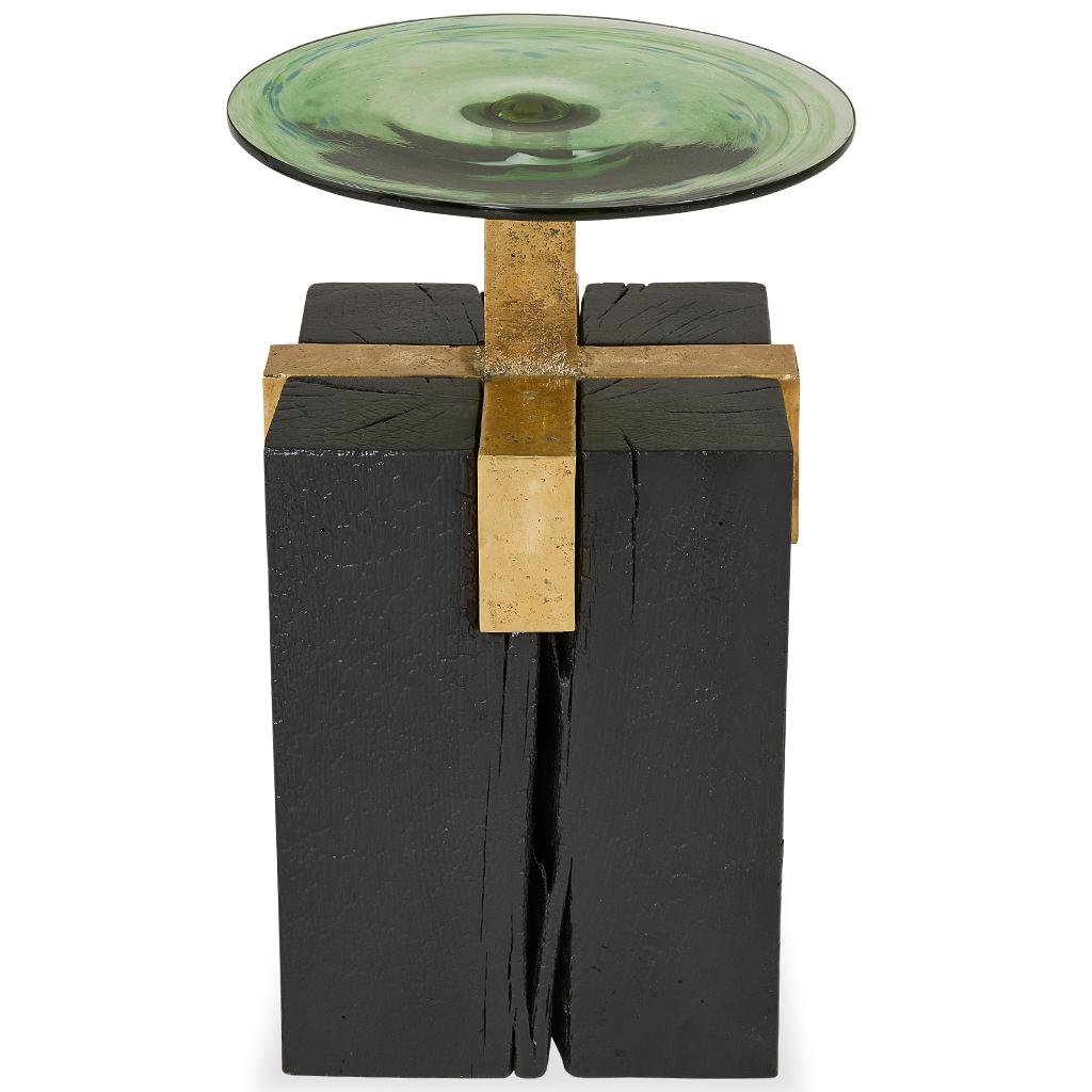 South African Solid Cast Brass, Shou Sugi Ban Oak Cant & Handblown Glass Cant Side Table For Sale