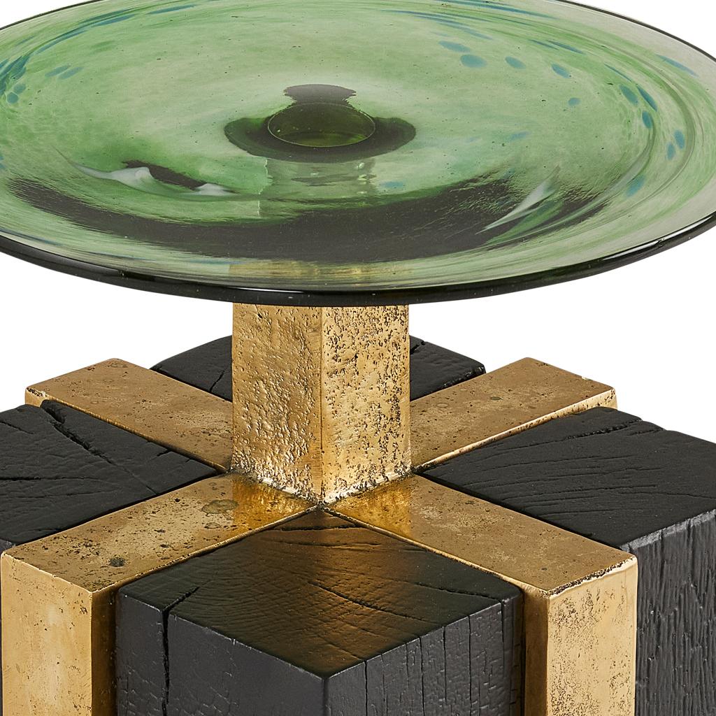 Solid Cast Brass, Shou Sugi Ban Oak Cant & Handblown Glass Cant Side Table In New Condition For Sale In Bothas Hill, KZN