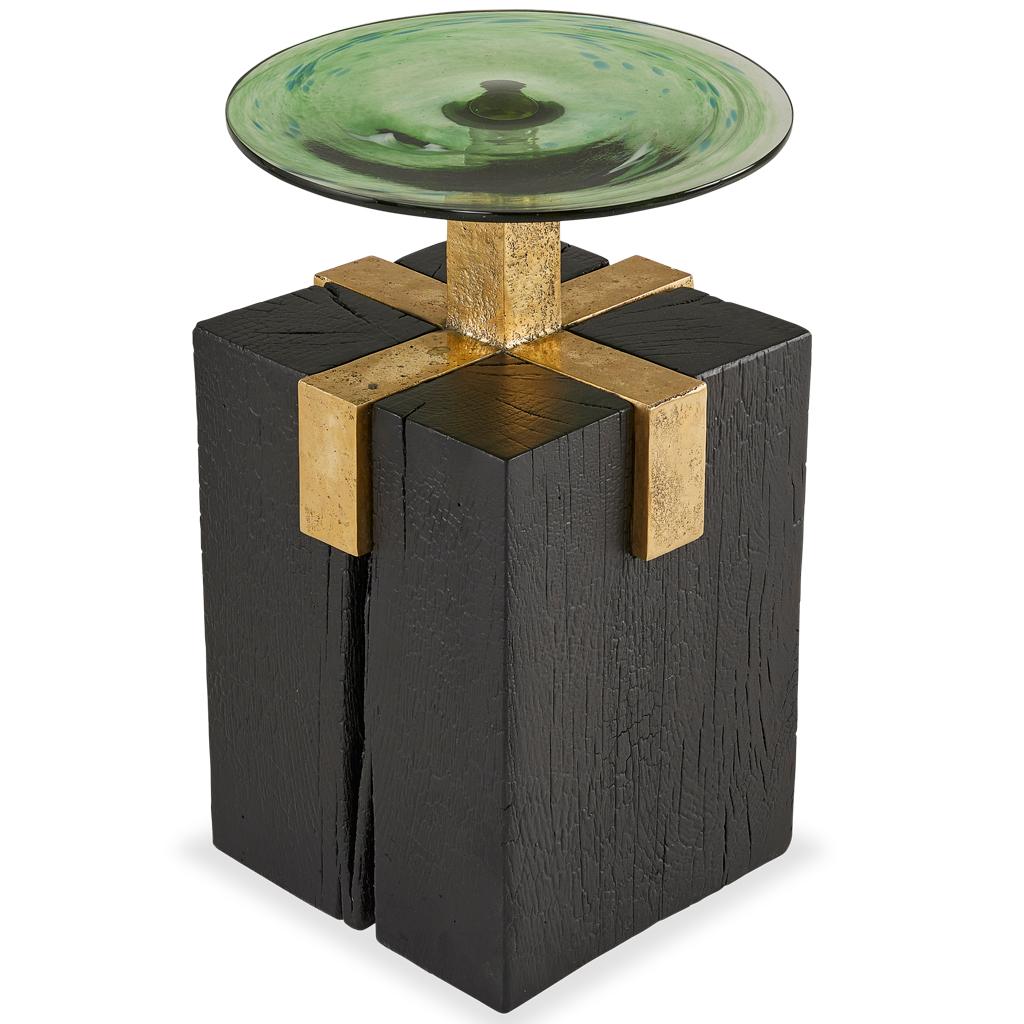 Contemporary Solid Cast Brass, Shou Sugi Ban Oak Cant & Handblown Glass Cant Side Table For Sale