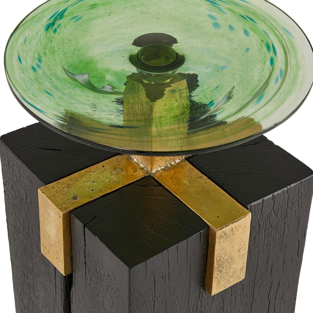 Solid Cast Brass, Shou Sugi Ban Oak Cant & Handblown Glass Cant Side Table For Sale 1