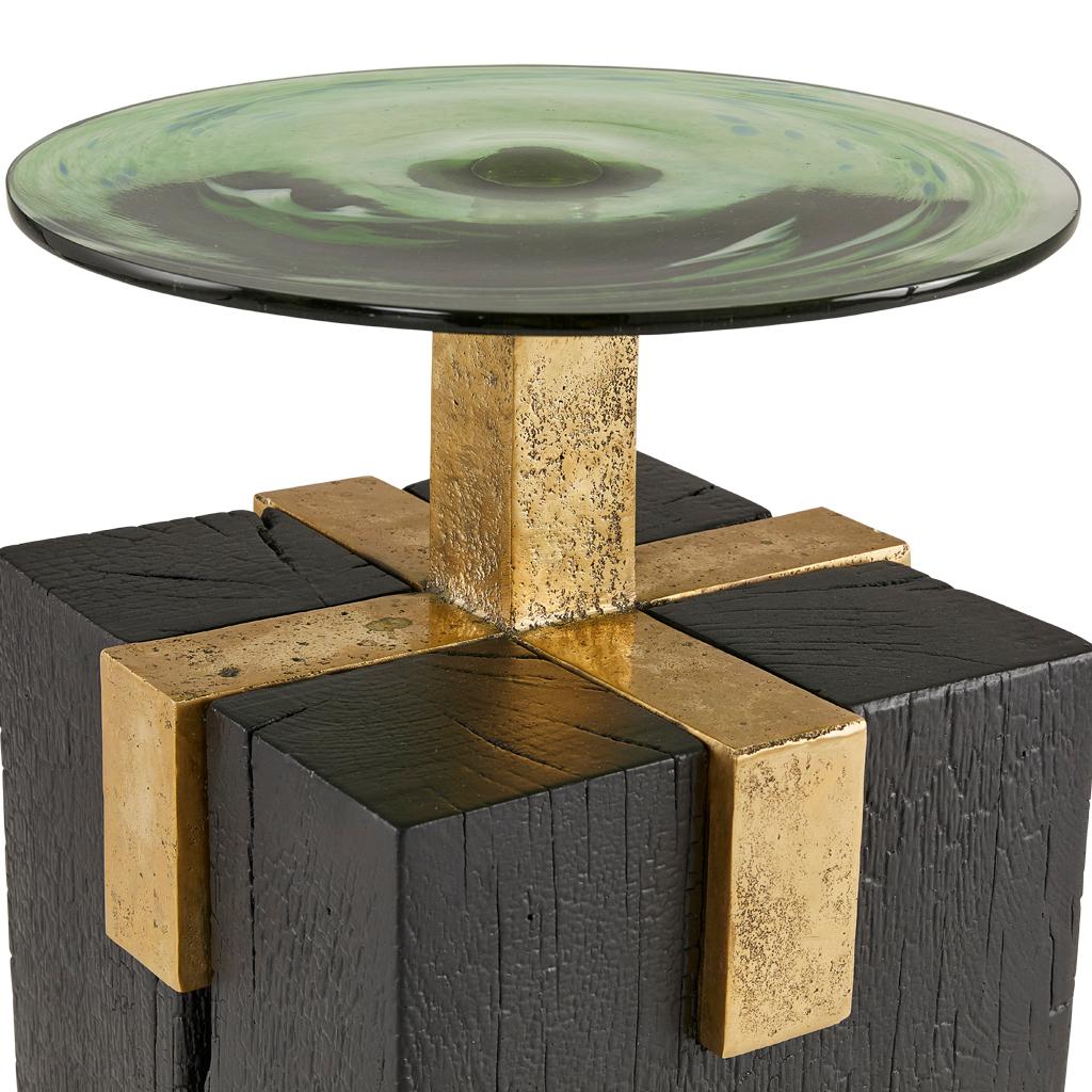 Solid Cast Brass, Shou Sugi Ban Oak Cant & Handblown Glass Cant Side Table For Sale 2