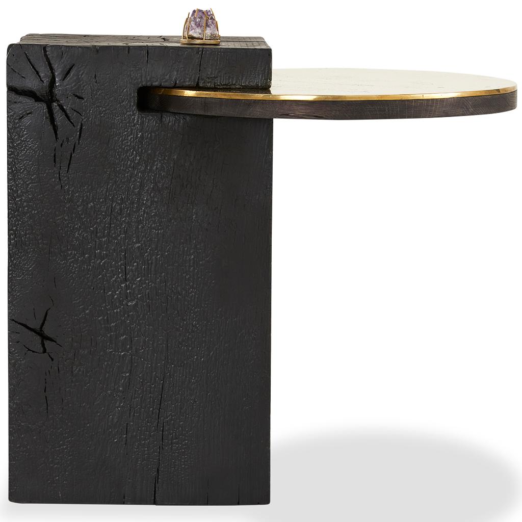 Modern Solid Cast Brass, Shou Sugi Ban Wood Cant & Crystal Jeweled Sherpa Side Table For Sale