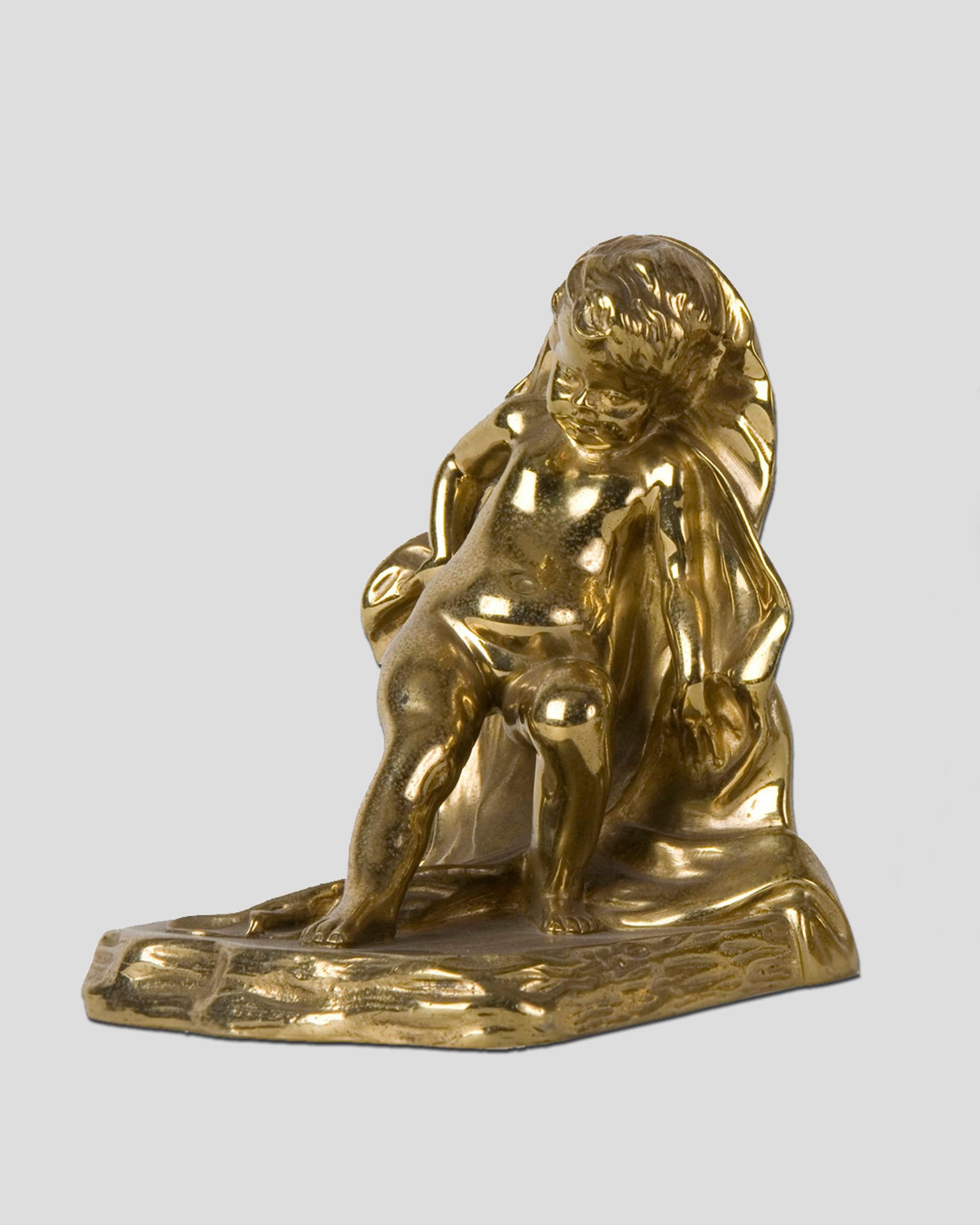 Solid Cast Polished Bronze Sterling Bronze Co. Cherub Bookends, Circa 1930s In Good Condition For Sale In New York, NY