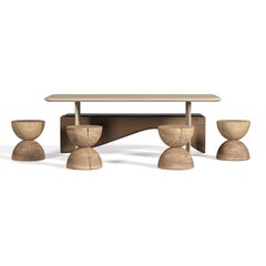 Solid Cedar Wood - Outdoor Dining Table, Four Stools and Bench