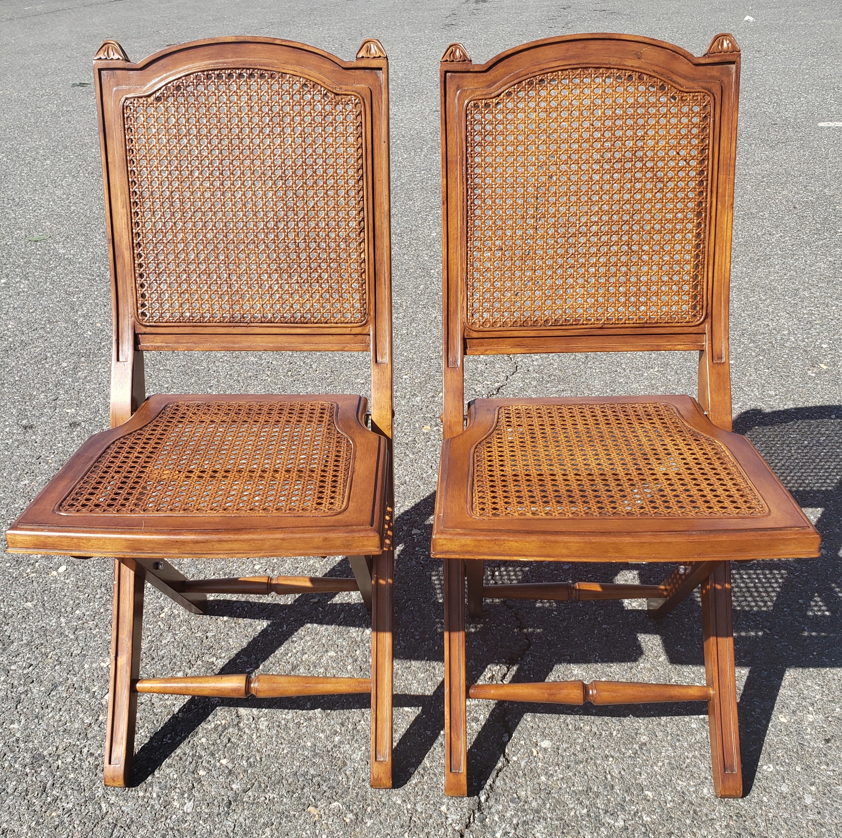 Velvet Solid Cherry and Cane Seat and Back Folding Chairs with Cushions, a Pair For Sale
