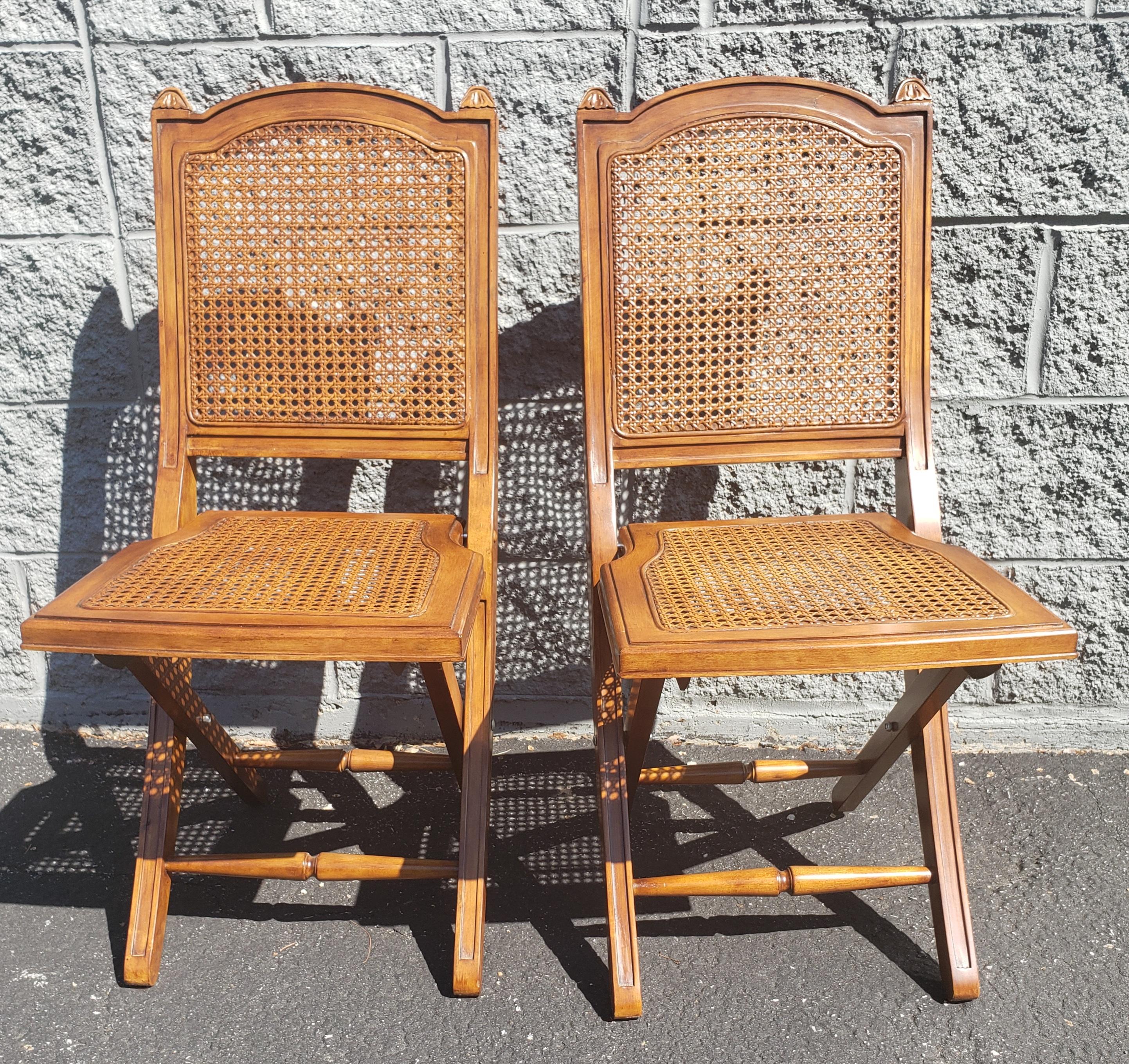 Solid Cherry and Cane Seat and Back Folding Chairs with Cushions, a Pair For Sale 1