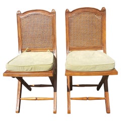 Solid Cherry and Cane Seat and Back Folding Chairs with Cushions, a Pair