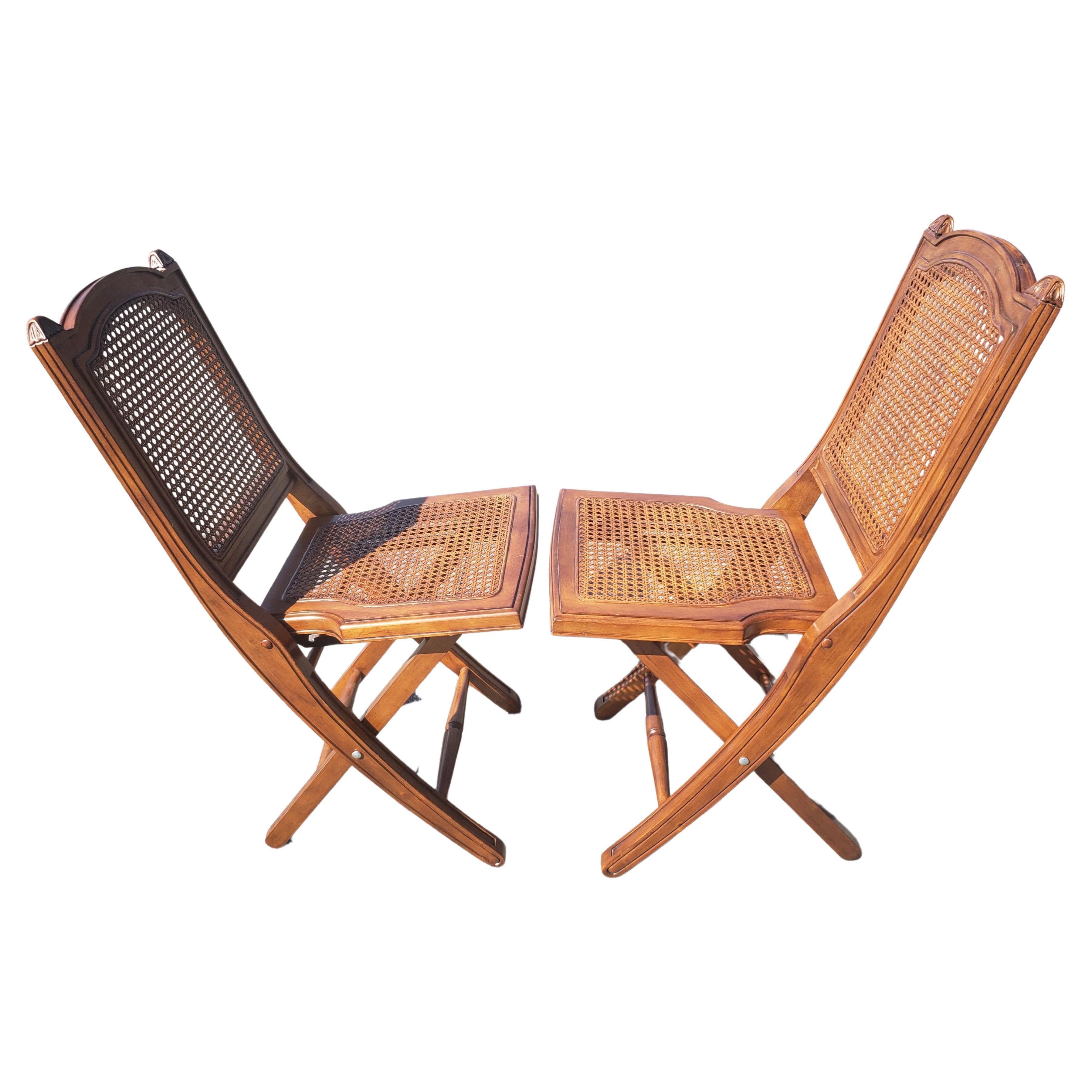 Mid-Century Modern Solid Cherry and Cane Seat and Back Folding Chairs with Cushions, a Pair For Sale