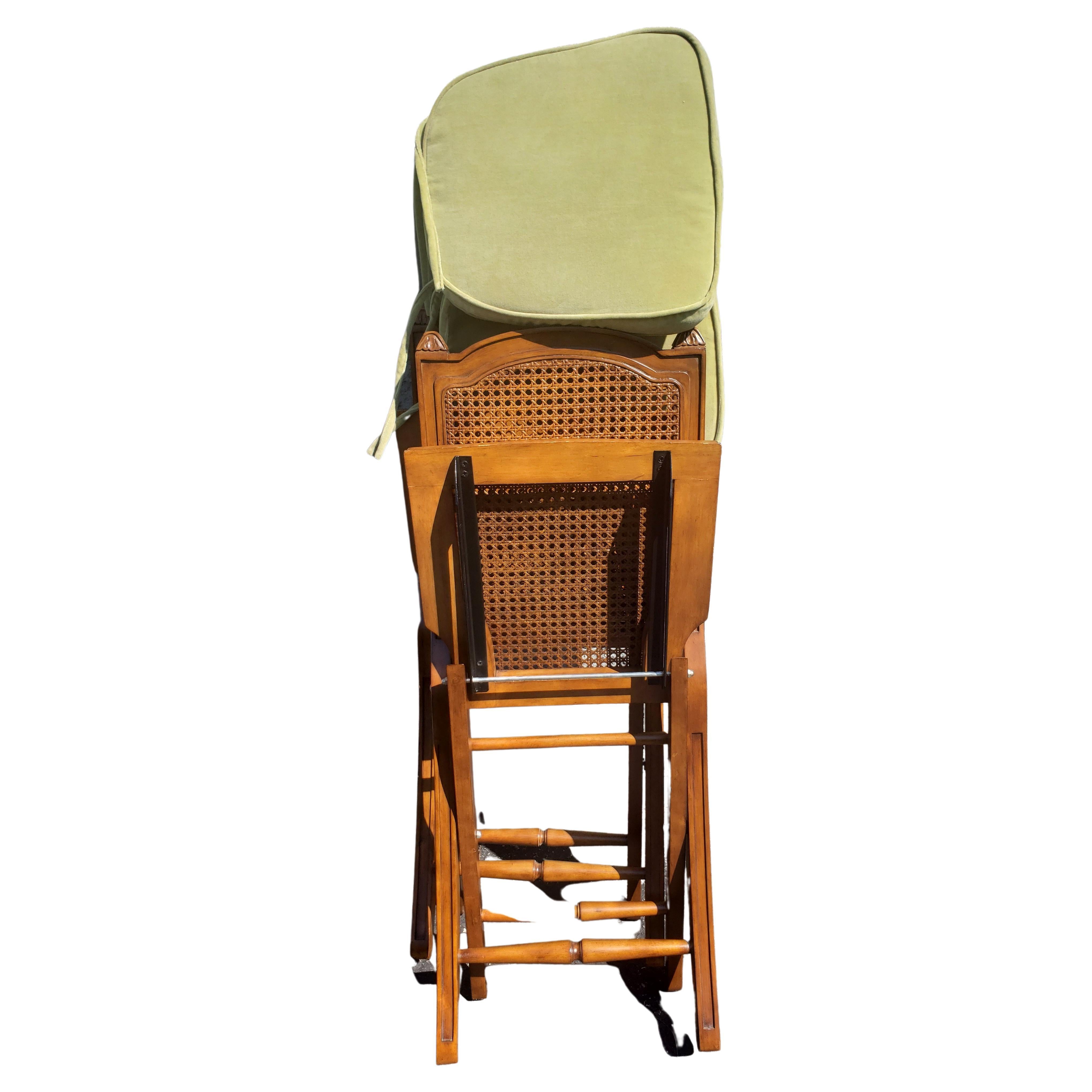 Woodwork Solid Cherry and Cane Seat and Back Folding Chairs with Cushions, a Pair For Sale