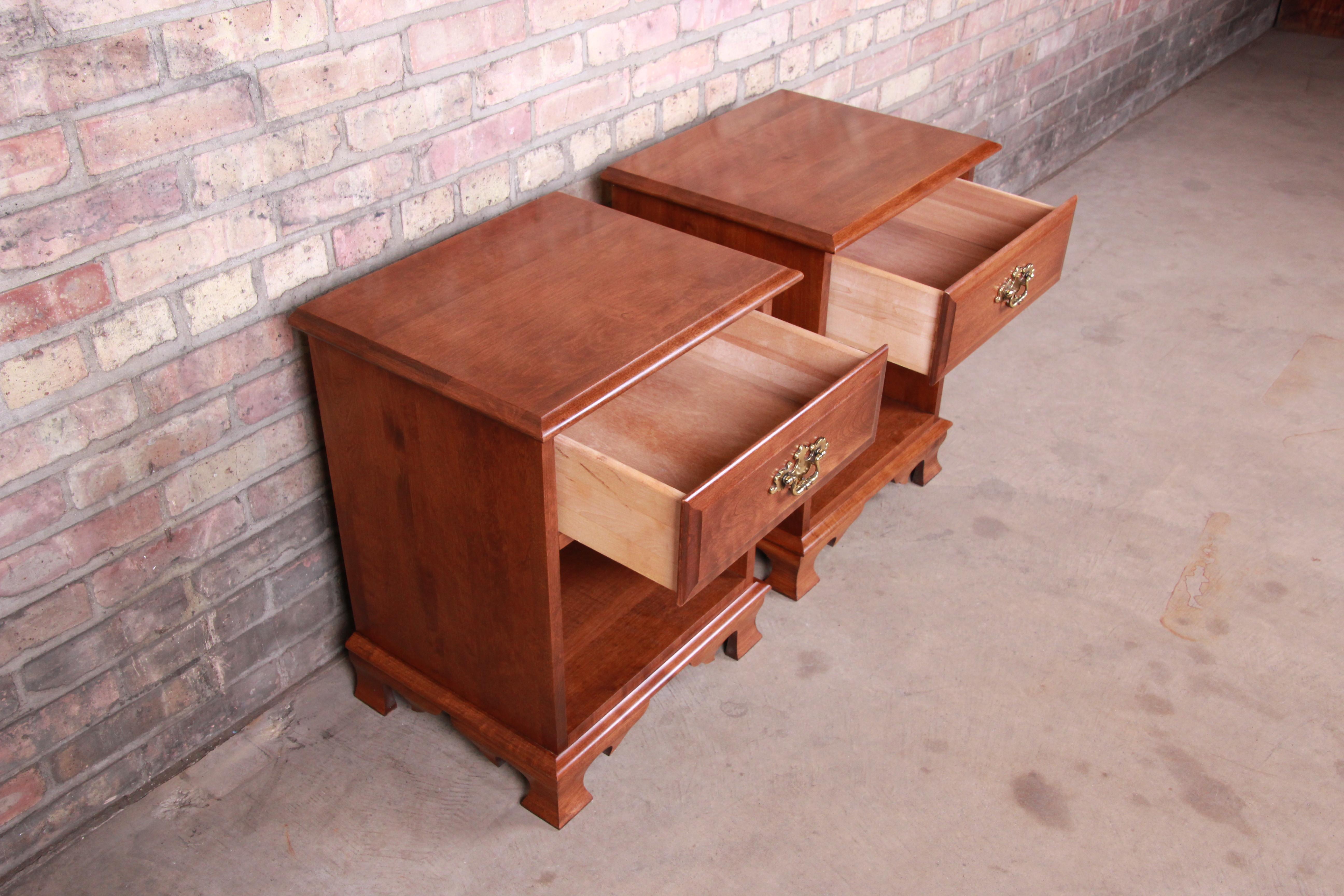 Brass Solid Cherry Chippendale Style Nightstands by Moosehead Furniture, Pair