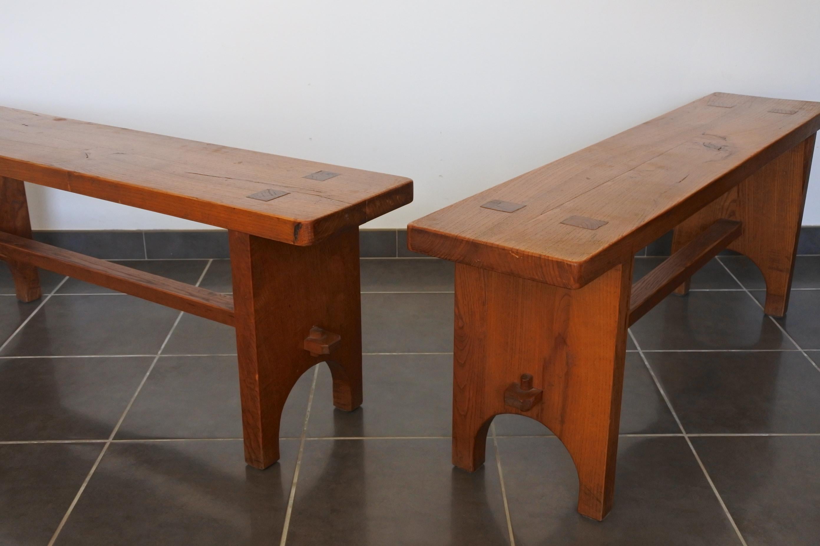 French Solid Chestnut Wood Studio Benches, France, 1970s