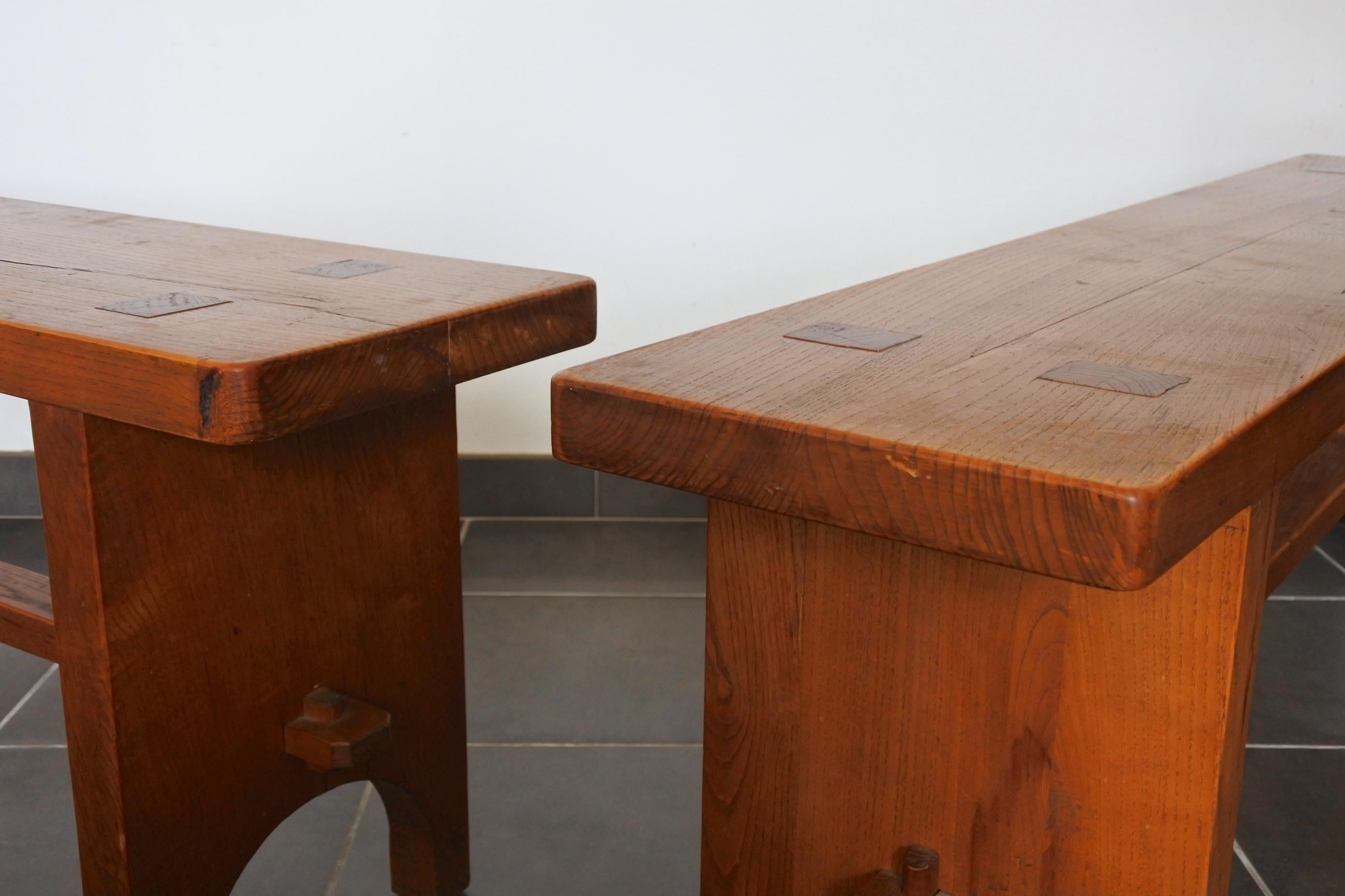 Solid Chestnut Wood Studio Benches, France, 1970s 2