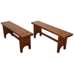 Solid Chestnut Wood Studio Benches, France, 1970s
