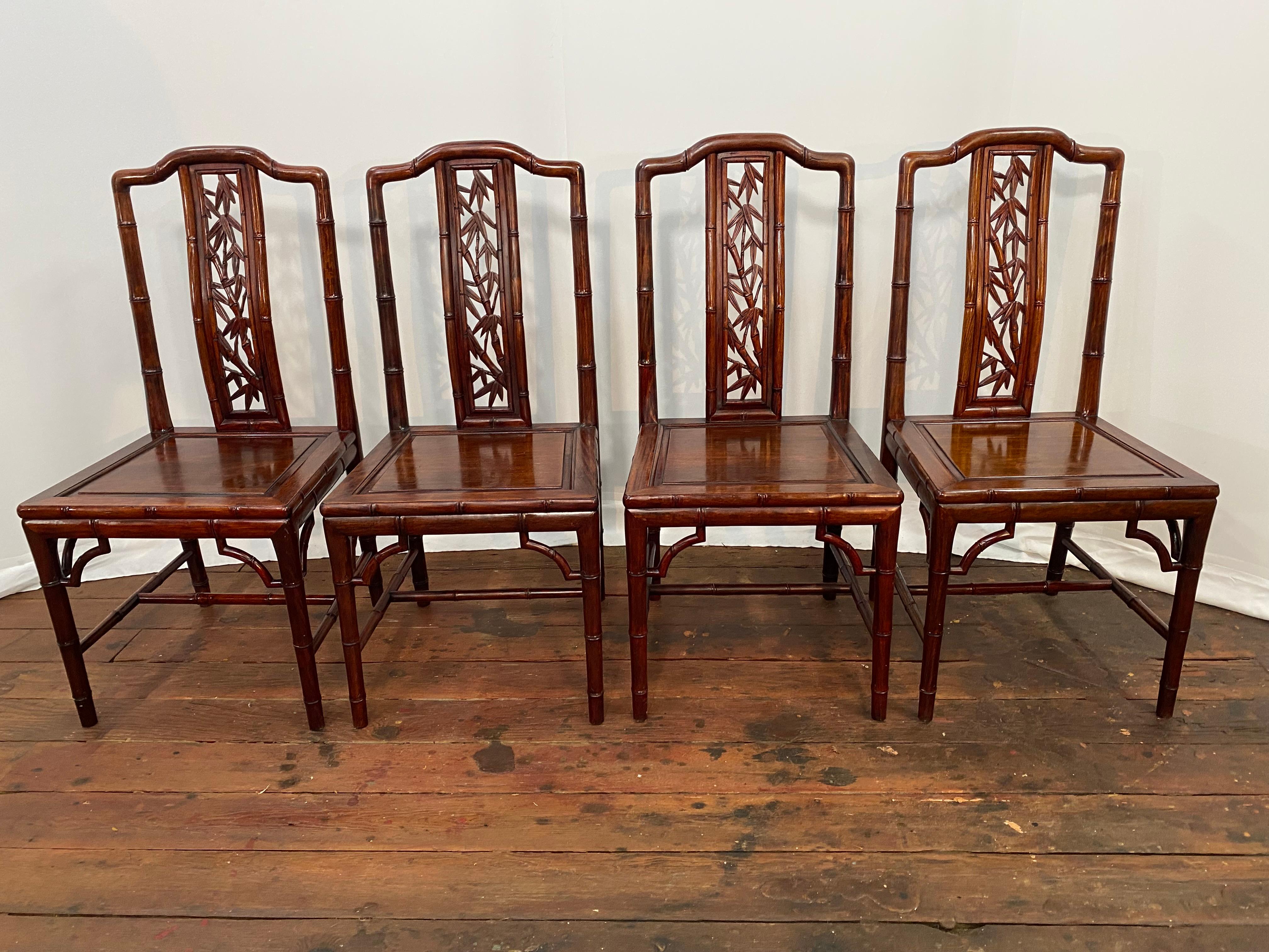 Solid Chinese Rosewood Faux Bamboo Dining Chairs, Set of Four en venta 9