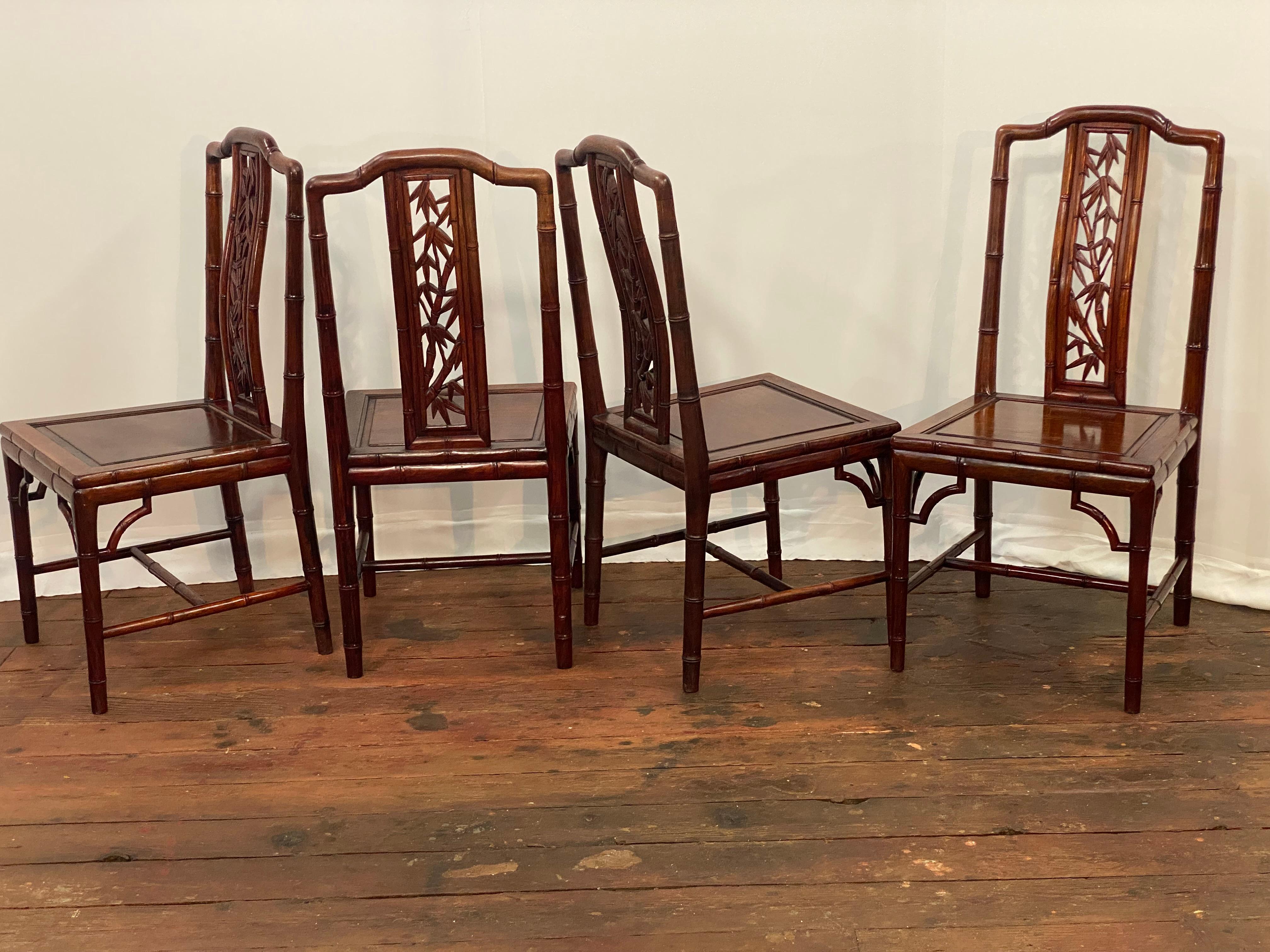 Solid Chinese Rosewood Faux Bamboo Dining Chairs, Set of Four Chino en venta