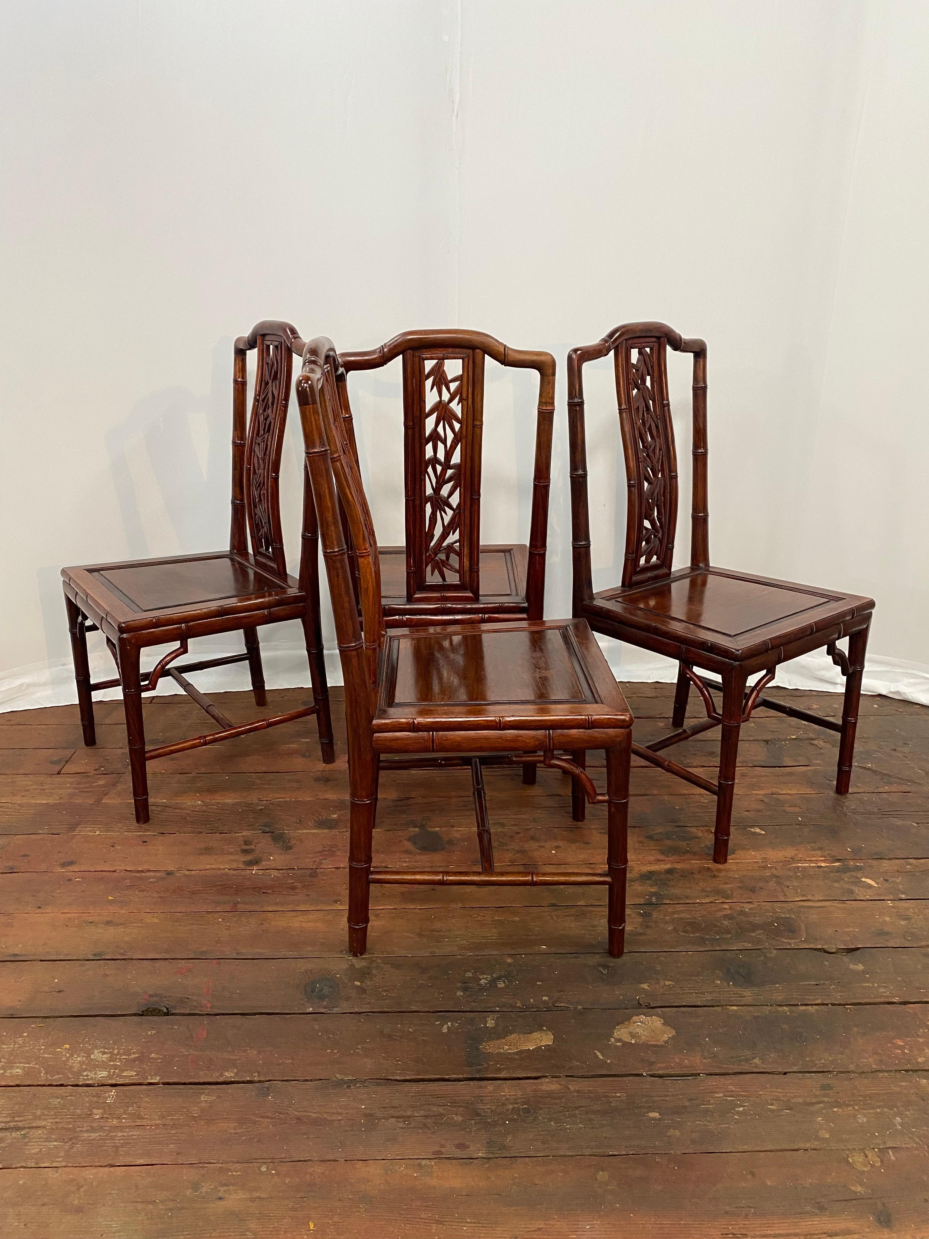 Solid Chinese Rosewood Faux Bamboo Dining Chairs, Set of Four Tallado en venta