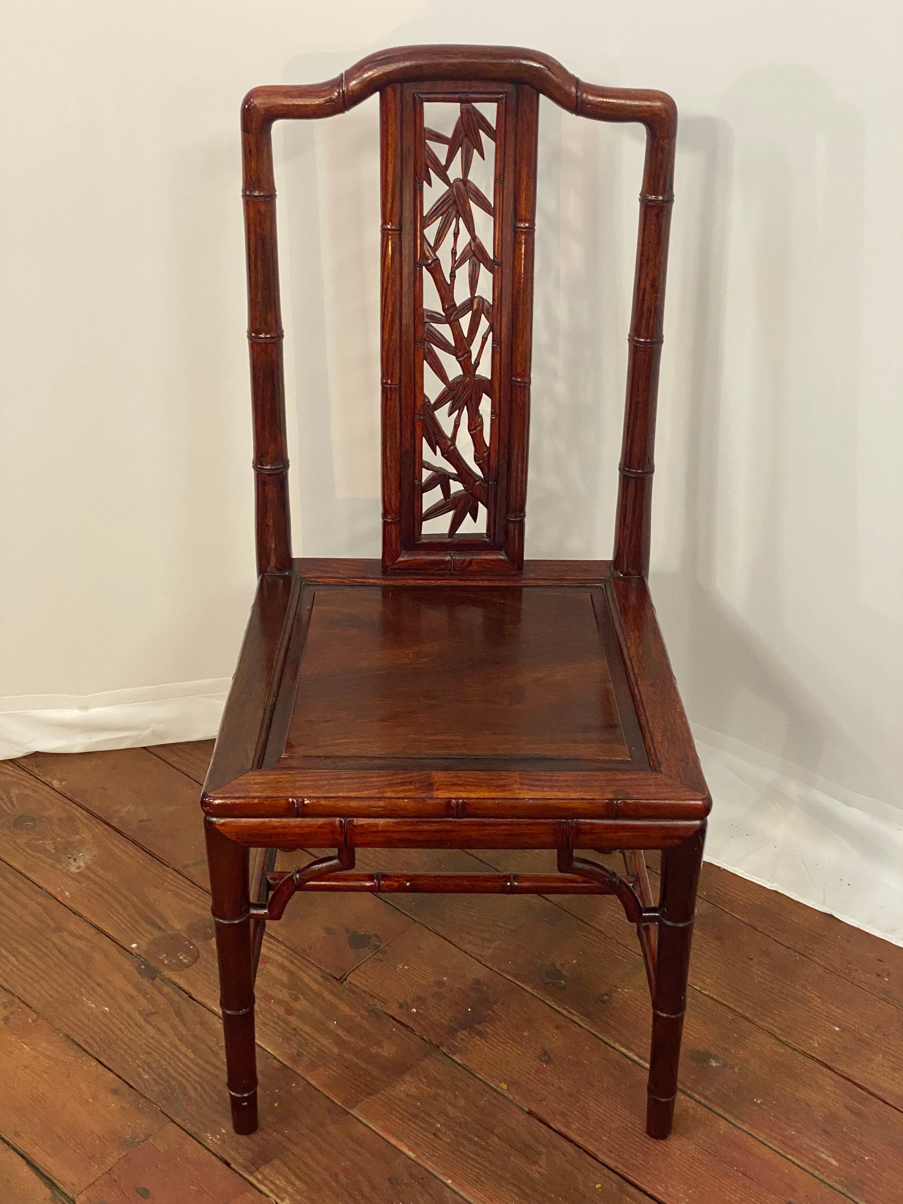 Solid Chinese Rosewood Faux Bamboo Dining Chairs, Set of Four en Bueno estado para la venta en Garnerville, NY