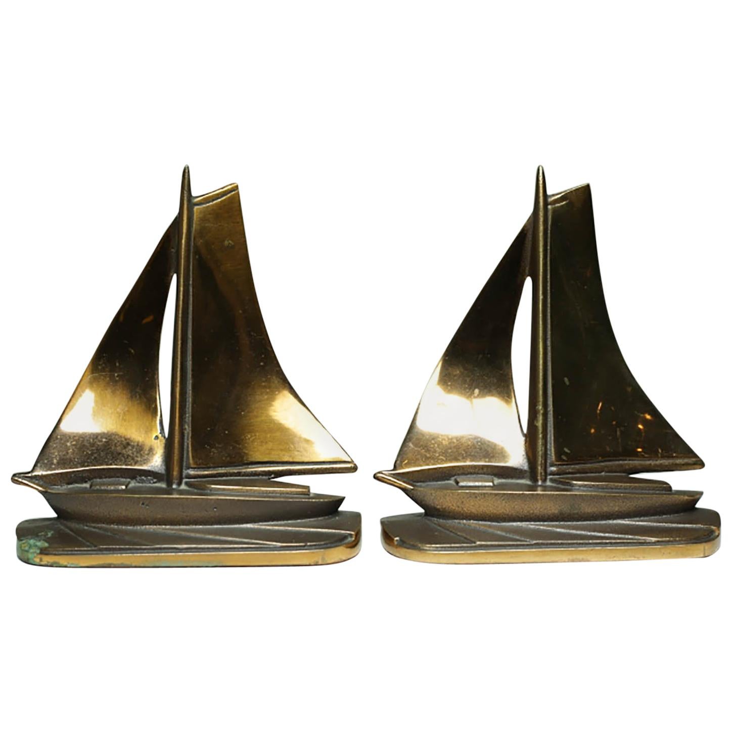 Solid Copper and Bronze Art Deco Sailboat Bookends, circa 1930s-1940s