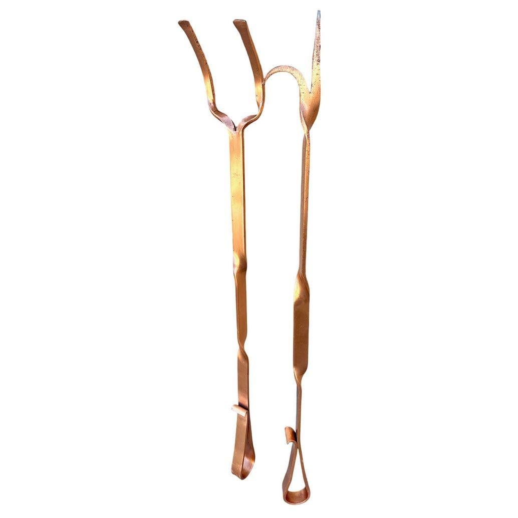 Américain Tisonnier et pince en cuivre massif Art déco pour cheminée Outils en vente