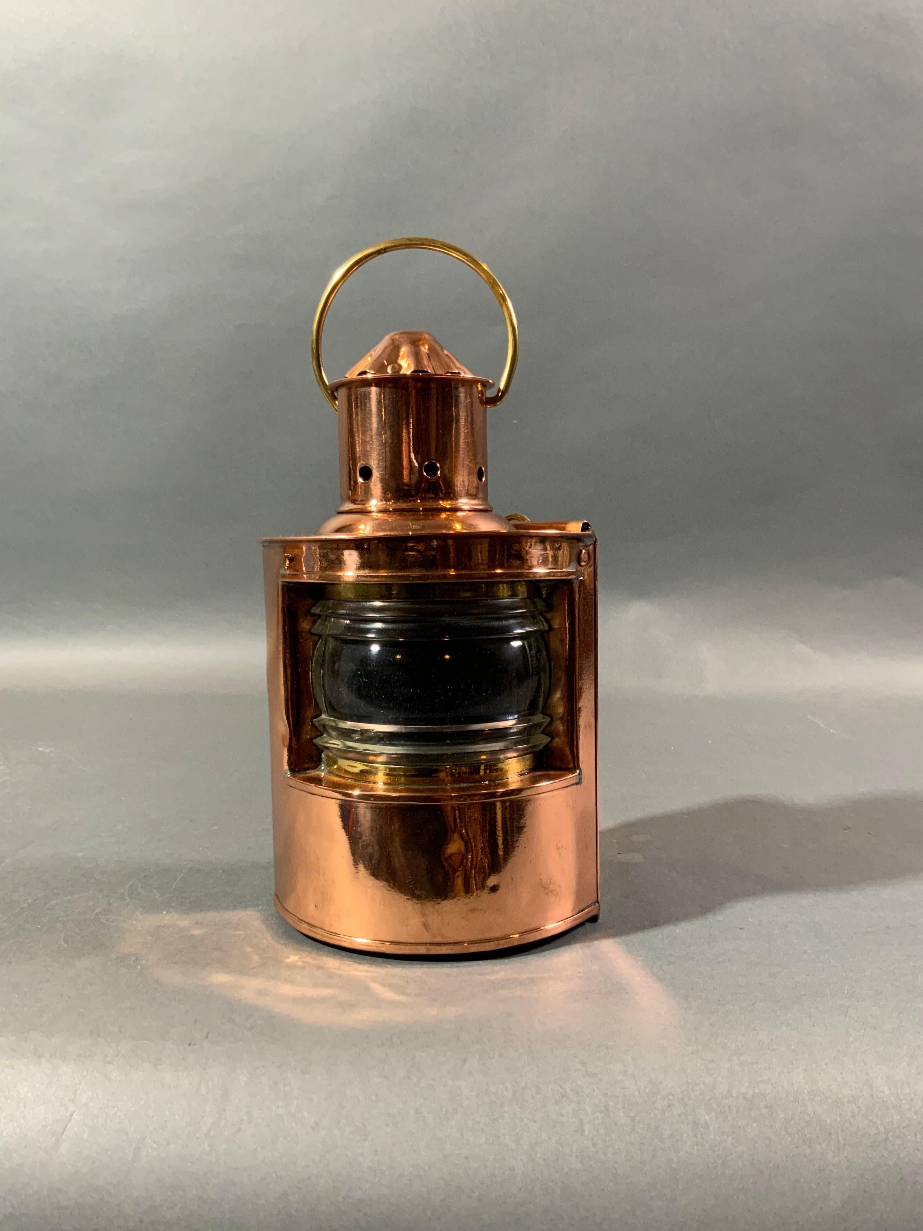 Solid Copper Ships Lantern with Fresnel Lens In Fair Condition For Sale In Norwell, MA