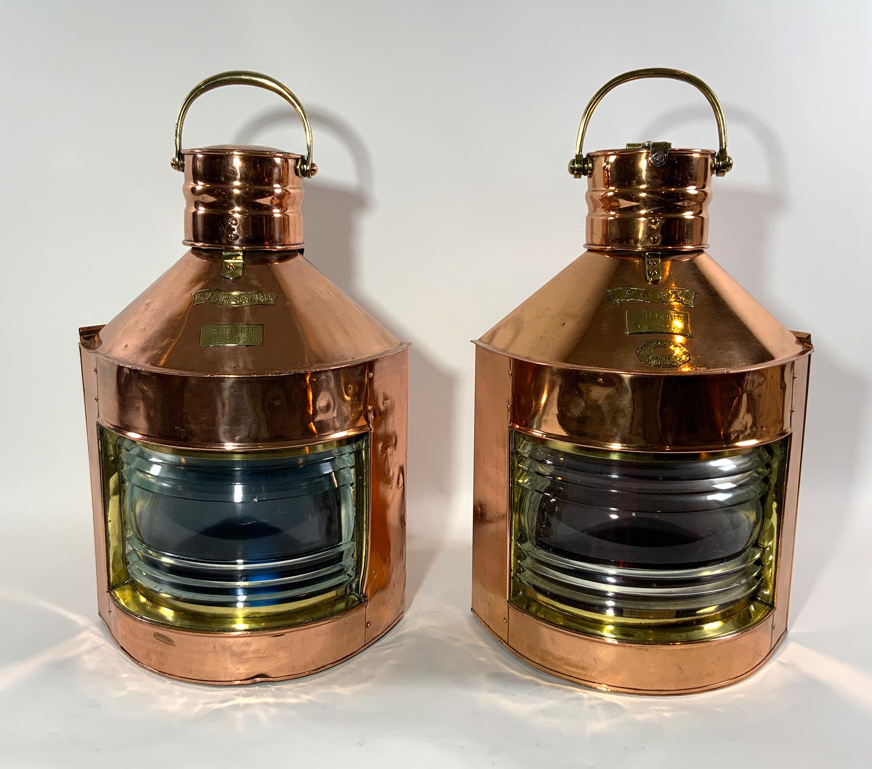 Sturdy ships port and starboard ships lanterns with Fresnel glass lenses. With brass badges from English maker 