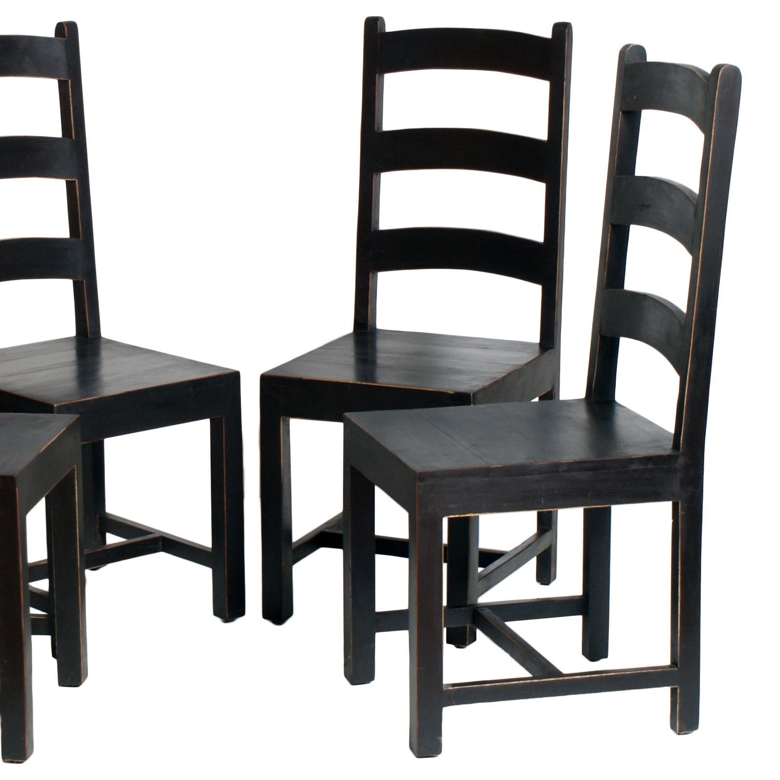 Italian Solid Country Art Deco Four Chairs in Ebonized Oak Restored and Wax-Polished For Sale