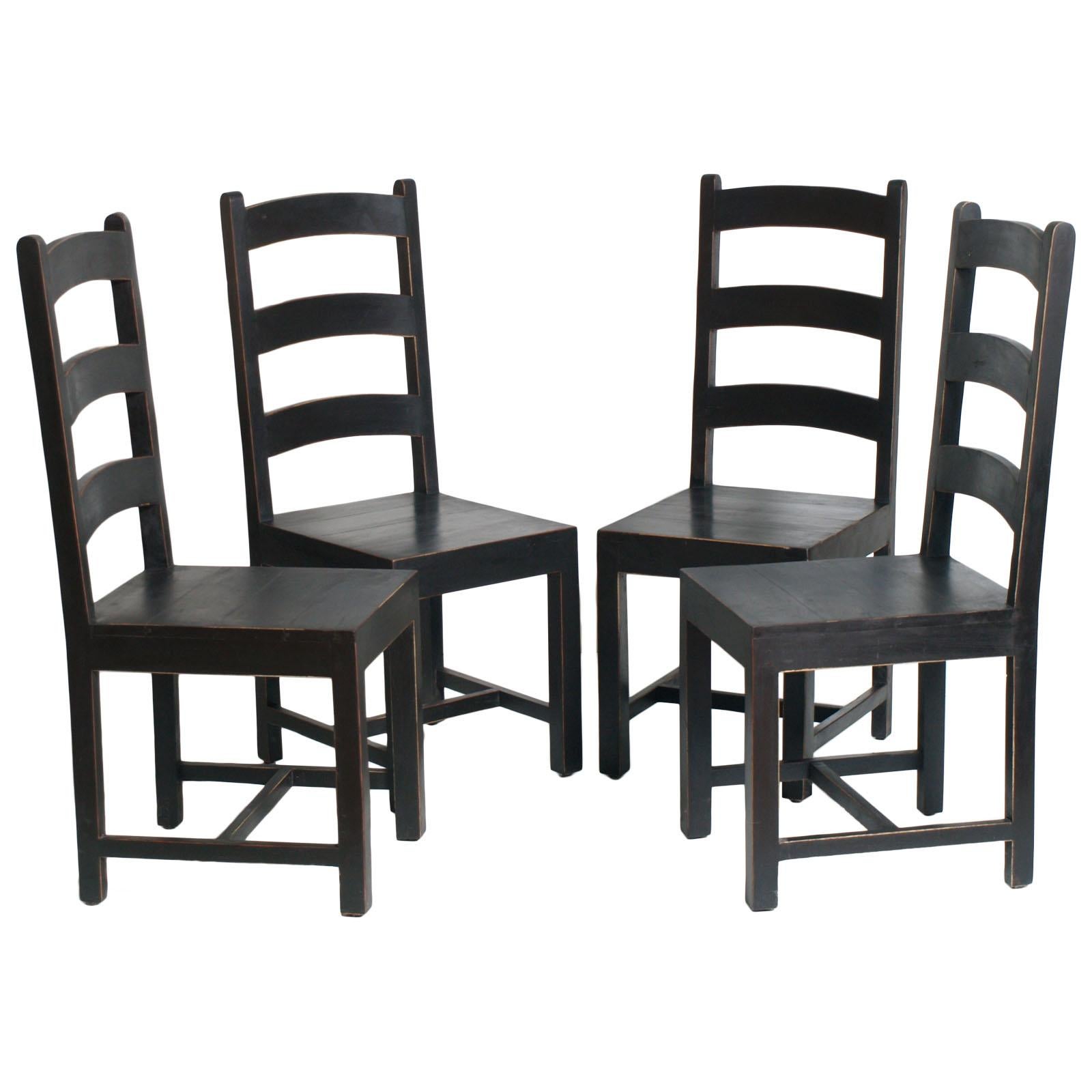 Solid Country Art Deco Four Chairs in Ebonized Oak Restored and Wax-Polished For Sale