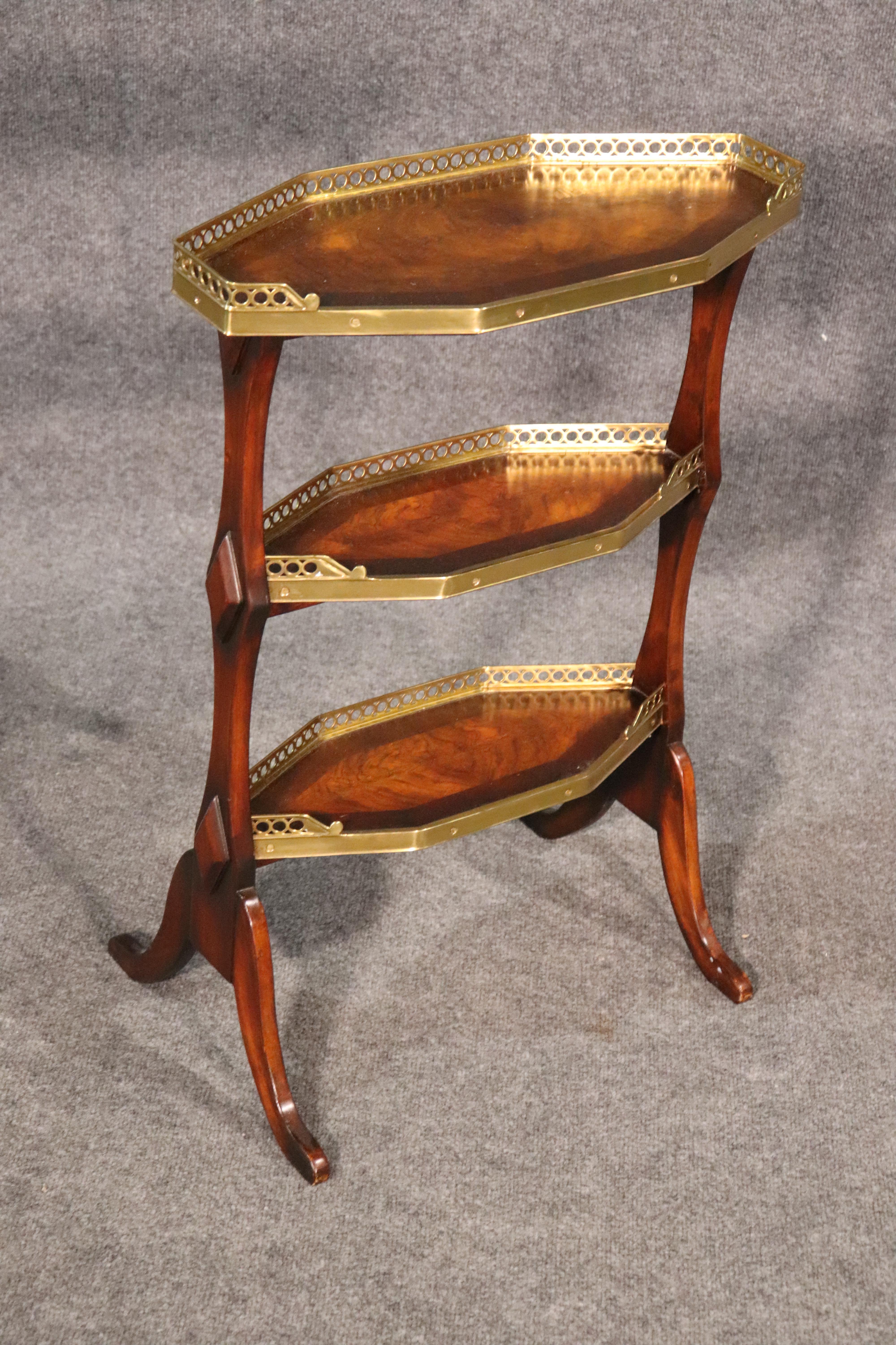 This is a high quality dessert stand or end table. The table is designed in the English Regency style and has gorgeous brass details and is solid and substantial. The stand appears to be of the quality of Baker or Charack but is not labeled.