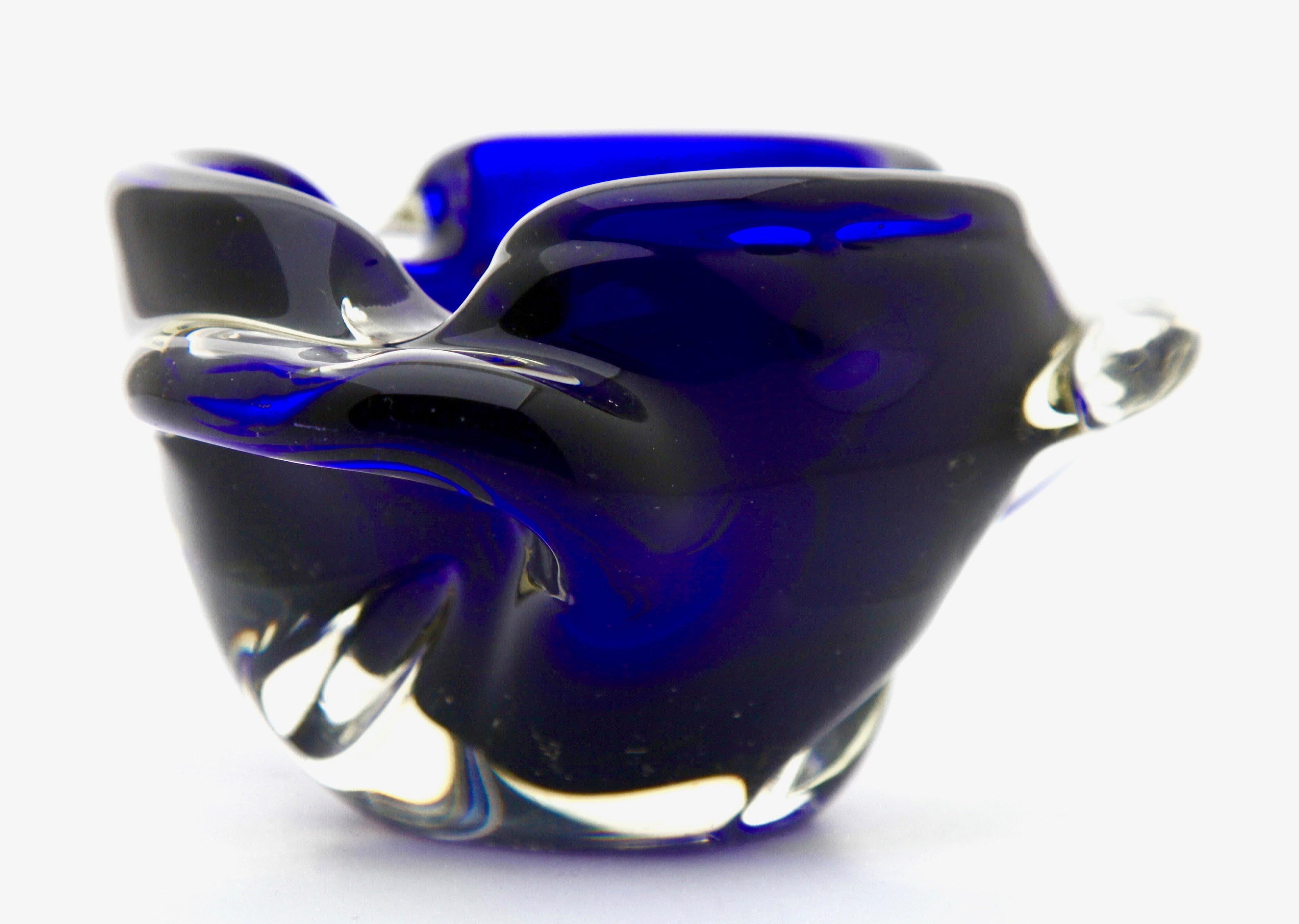 Mid-Century Modern Solid Crystal Biomorphic Bowl with Waves of Blue and Sommerso