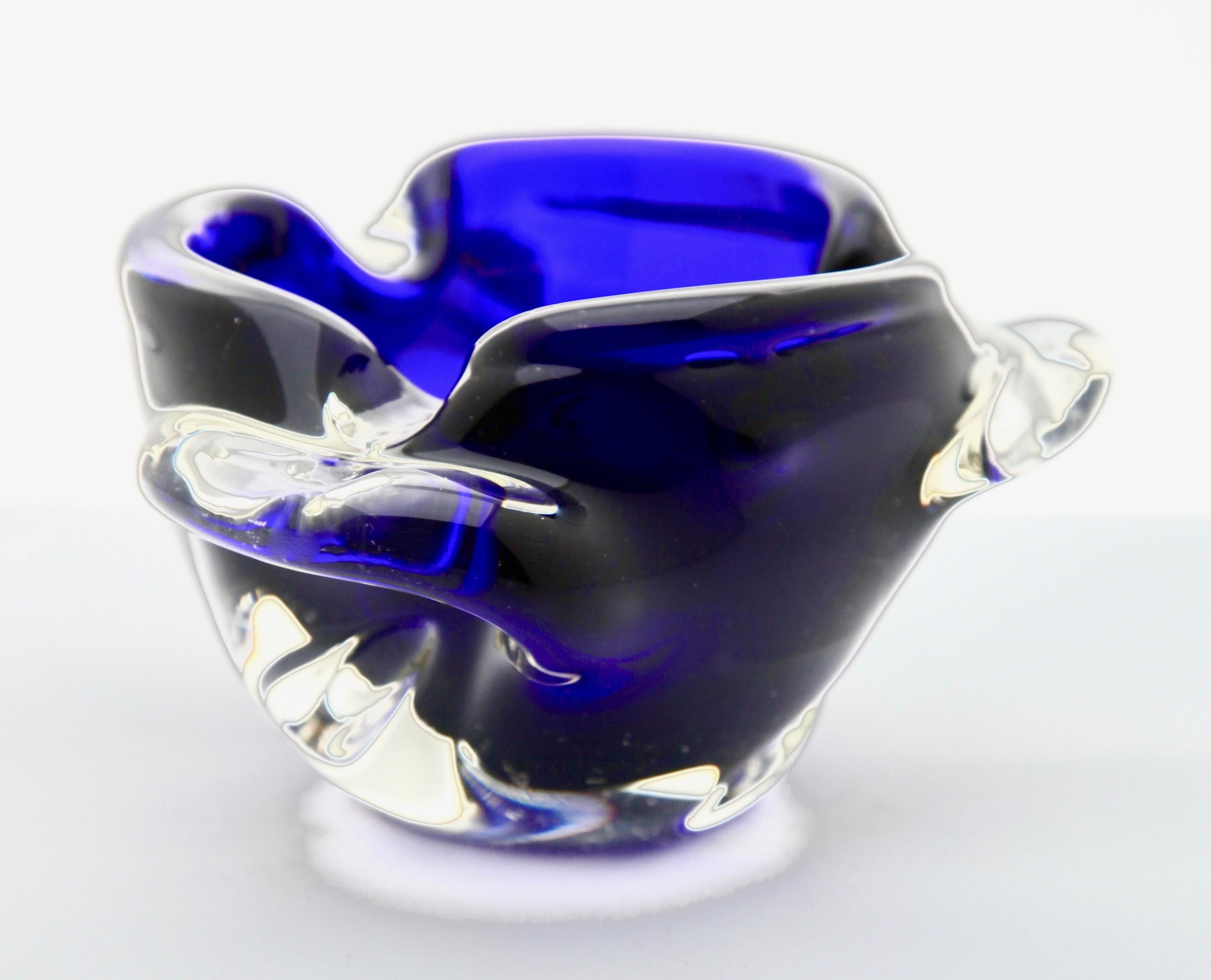 Hand-Crafted Solid Crystal Biomorphic Bowl with Waves of Blue and Sommerso