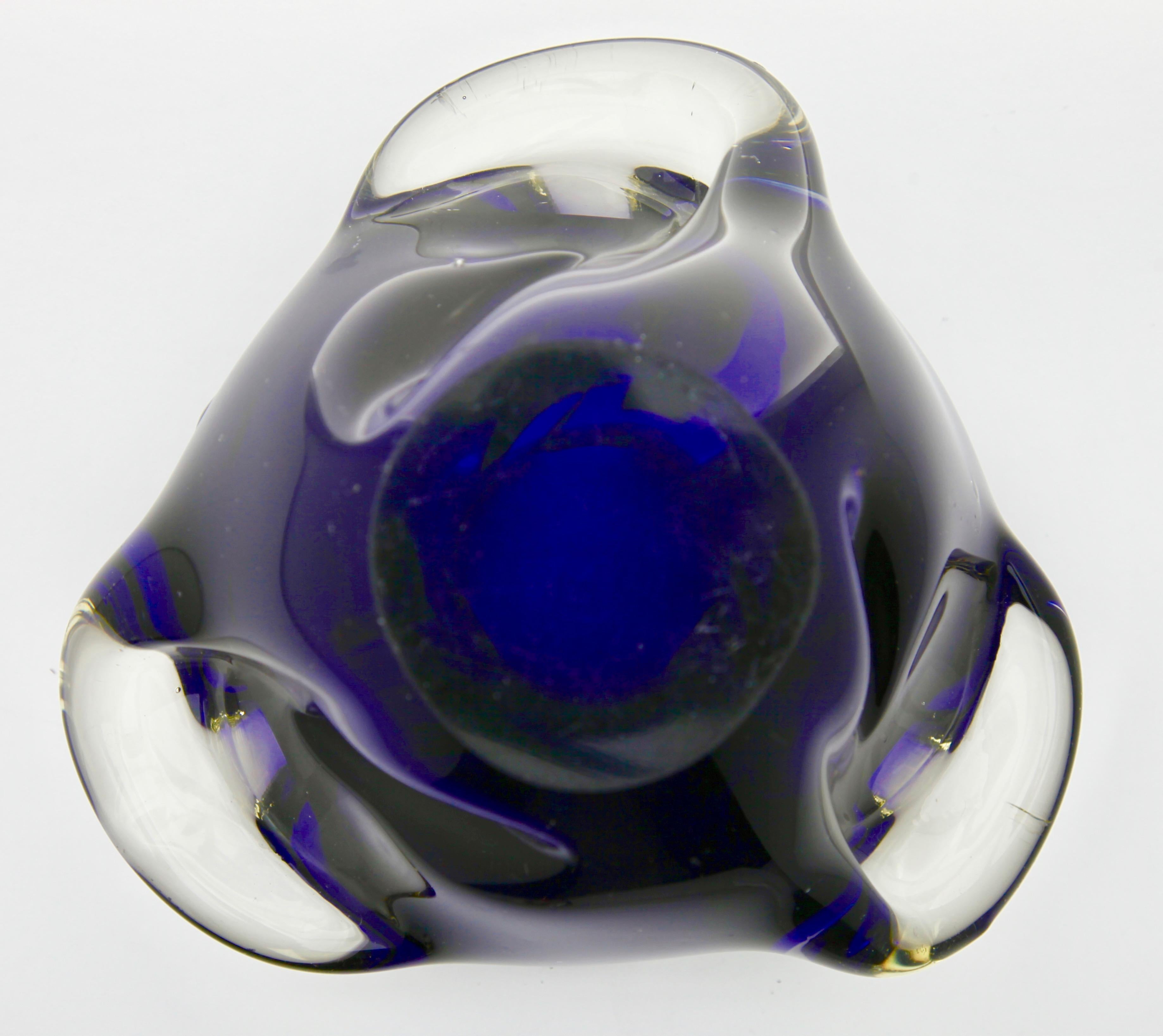 Mid-20th Century Solid Crystal Biomorphic Bowl with Waves of Blue and Sommerso