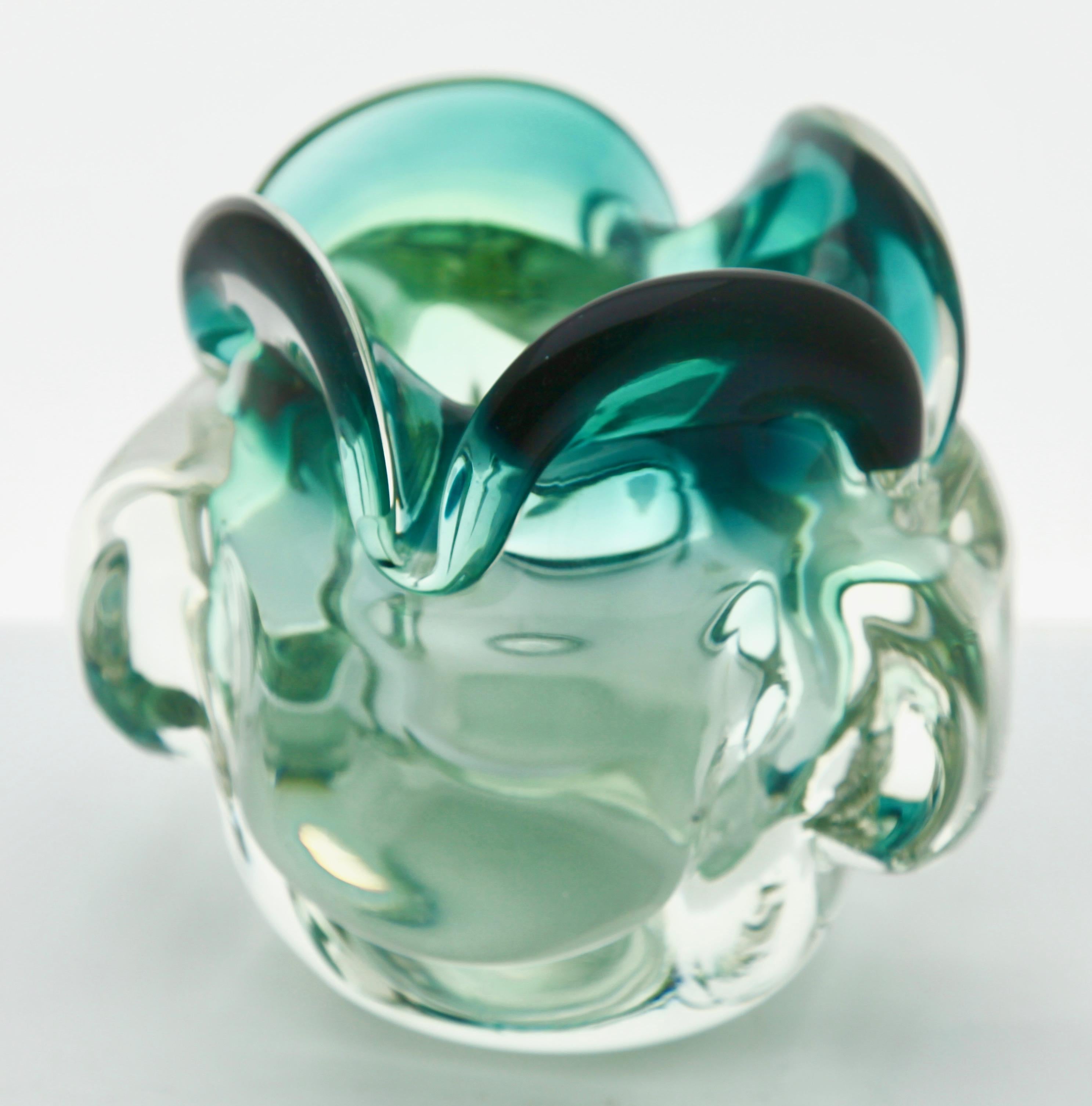 Mid-Century Modern Solid Crystal Biomorphic Bowl with Waves of Green and Sommerso