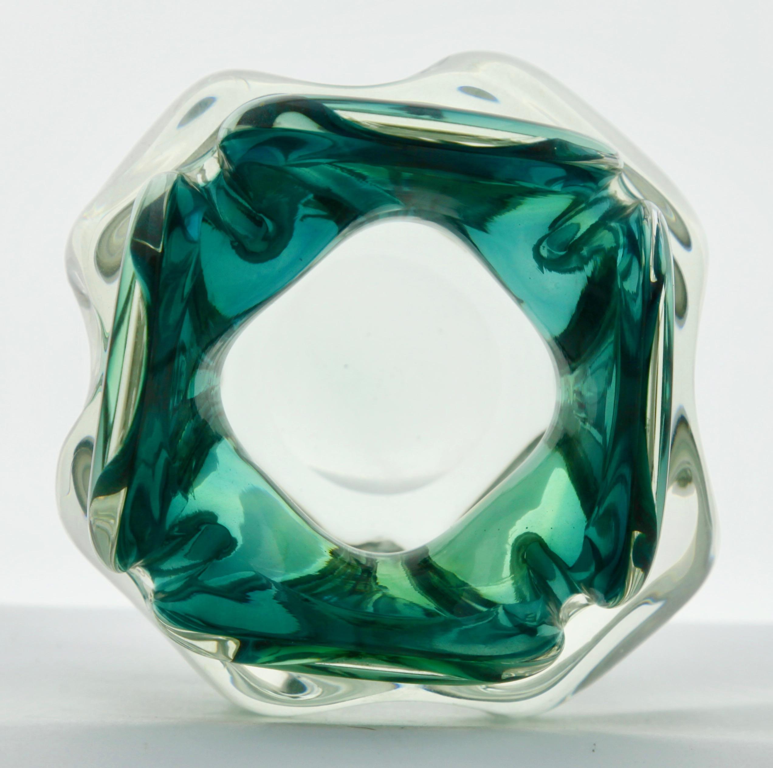 Czech Solid Crystal Biomorphic Bowl with Waves of Green and Sommerso