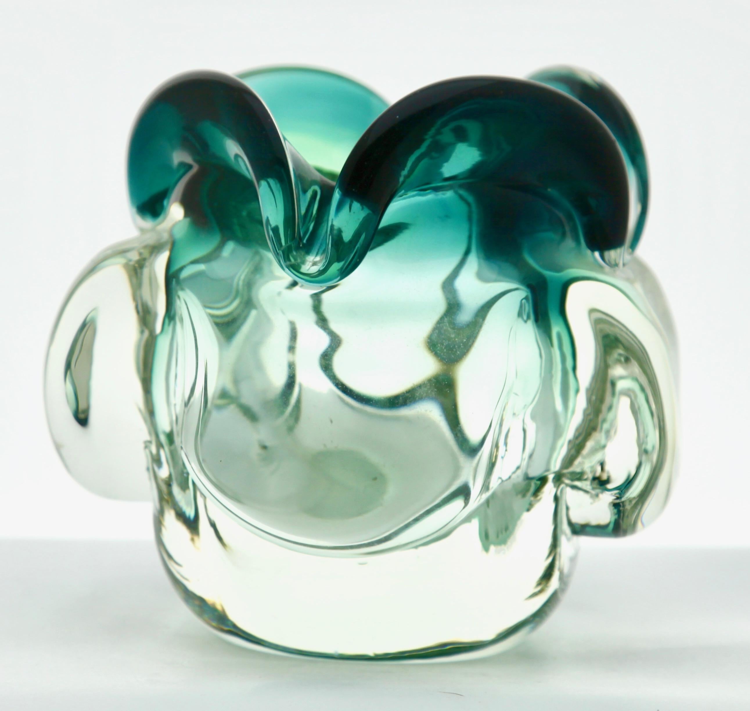Hand-Crafted Solid Crystal Biomorphic Bowl with Waves of Green and Sommerso