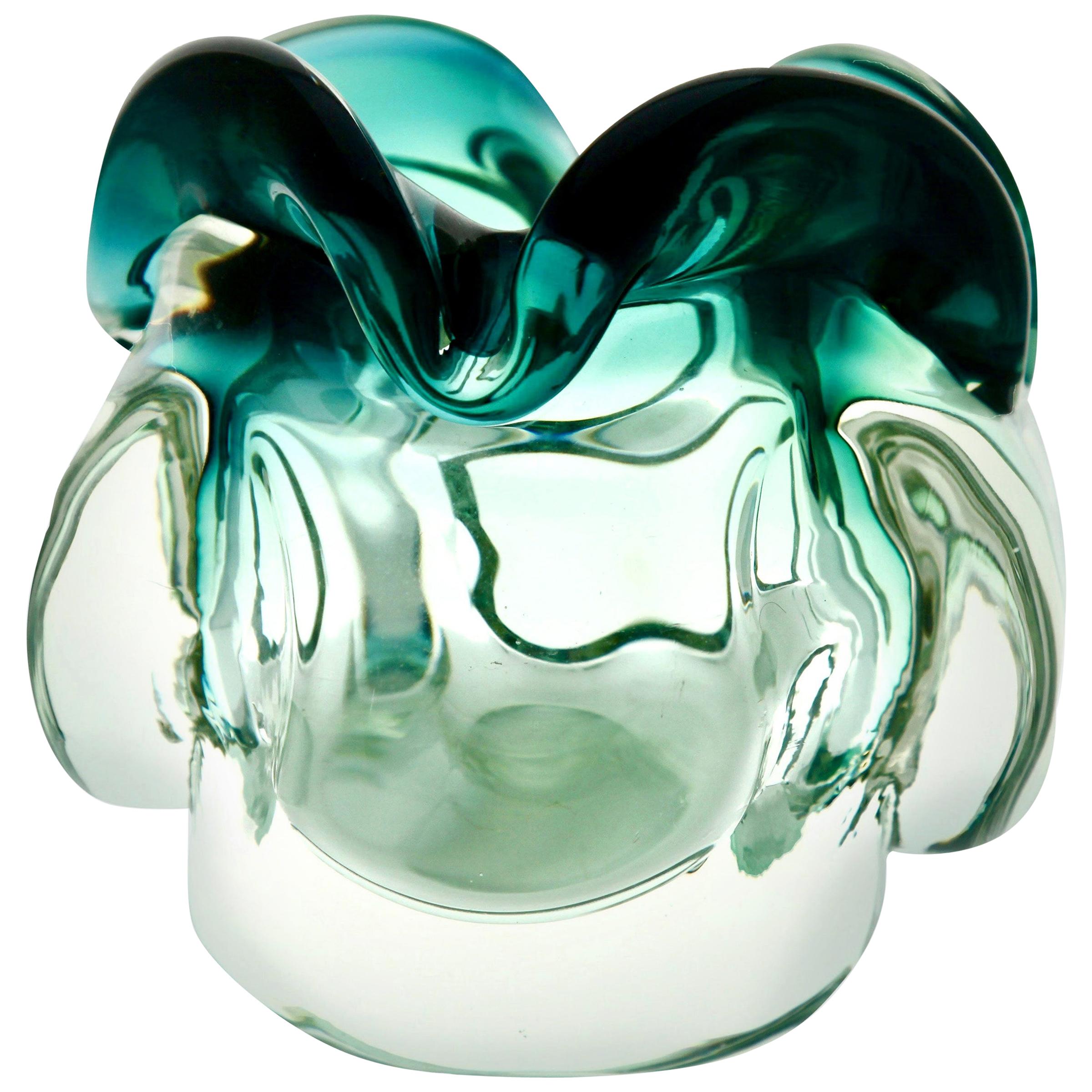 Solid Crystal Biomorphic Bowl with Waves of Green and Sommerso