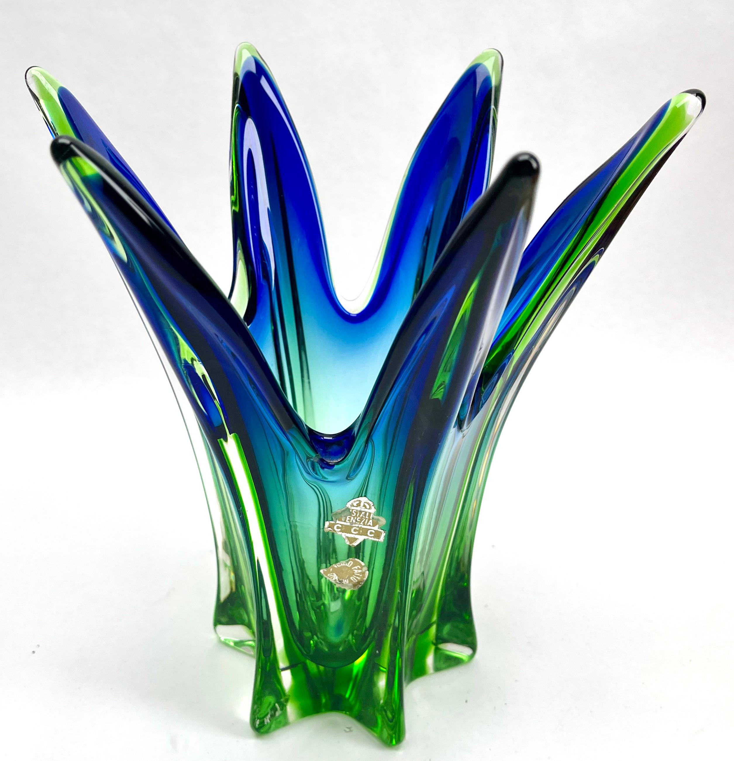 Mid-Century Modern Solid Crystal Biomorphic Vase with Waves of Bright Green and Sommerso Bohemian