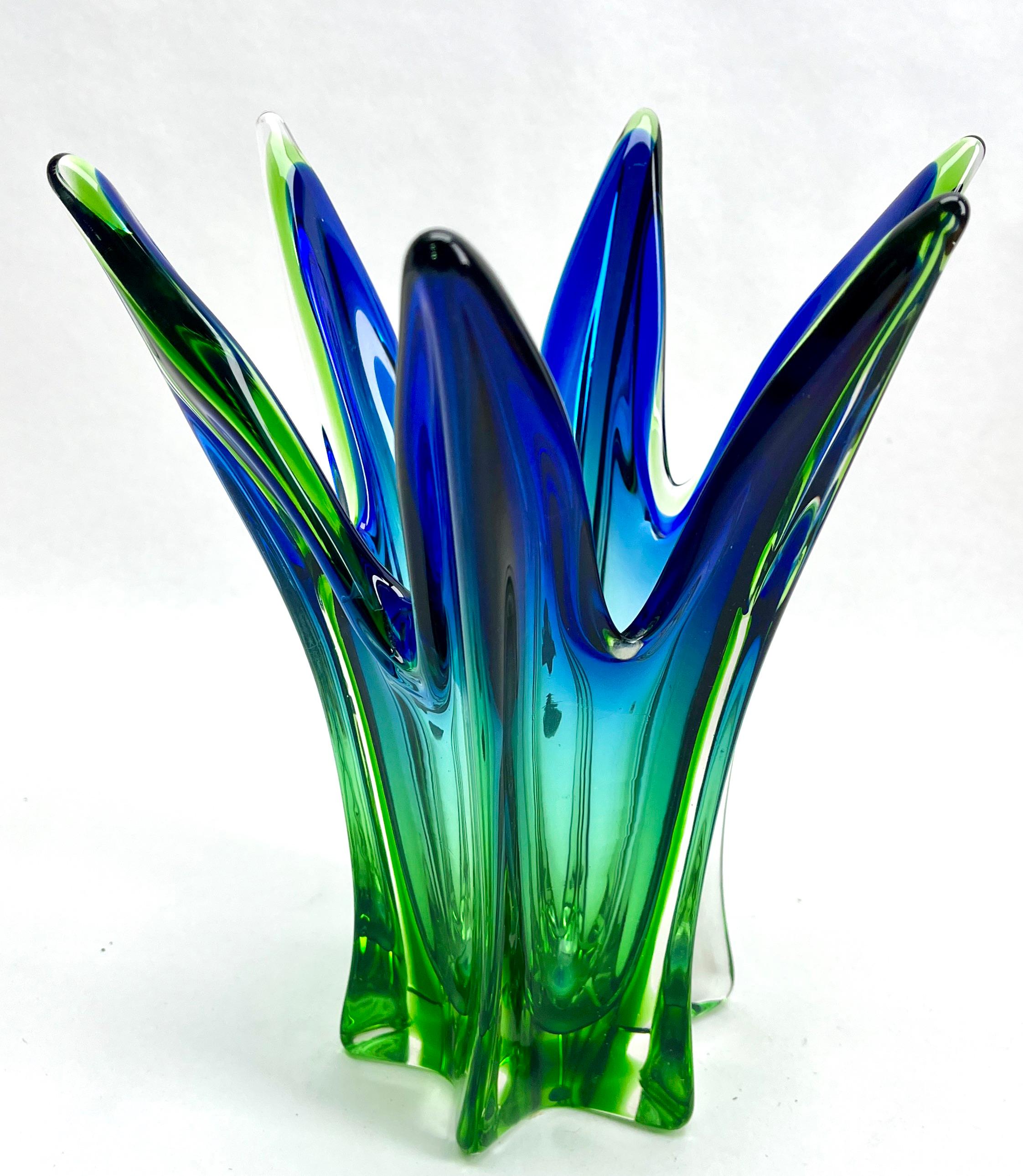 Czech Solid Crystal Biomorphic Vase with Waves of Bright Green and Sommerso Bohemian