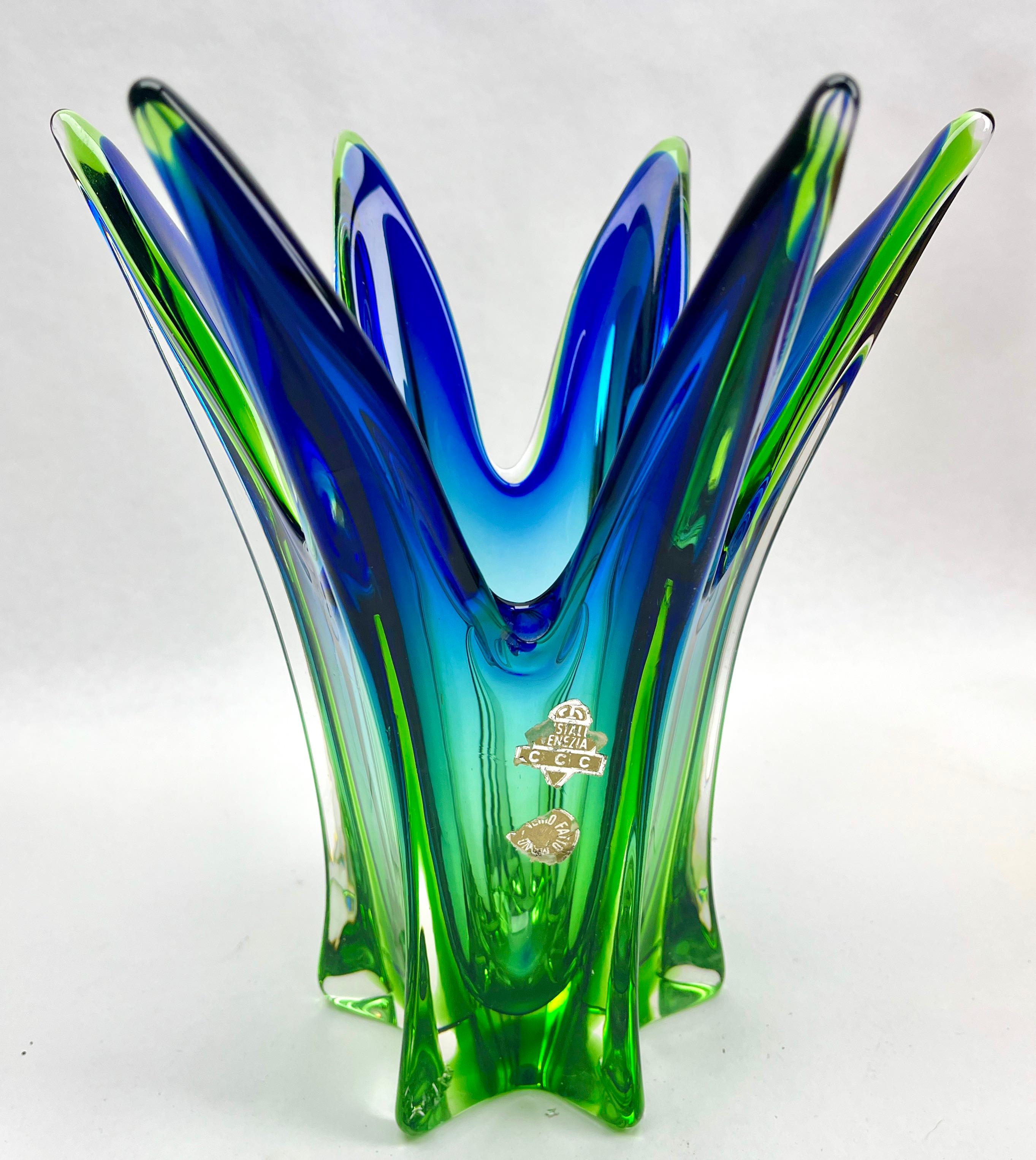 Hand-Crafted Solid Crystal Biomorphic Vase with Waves of Bright Green and Sommerso Bohemian