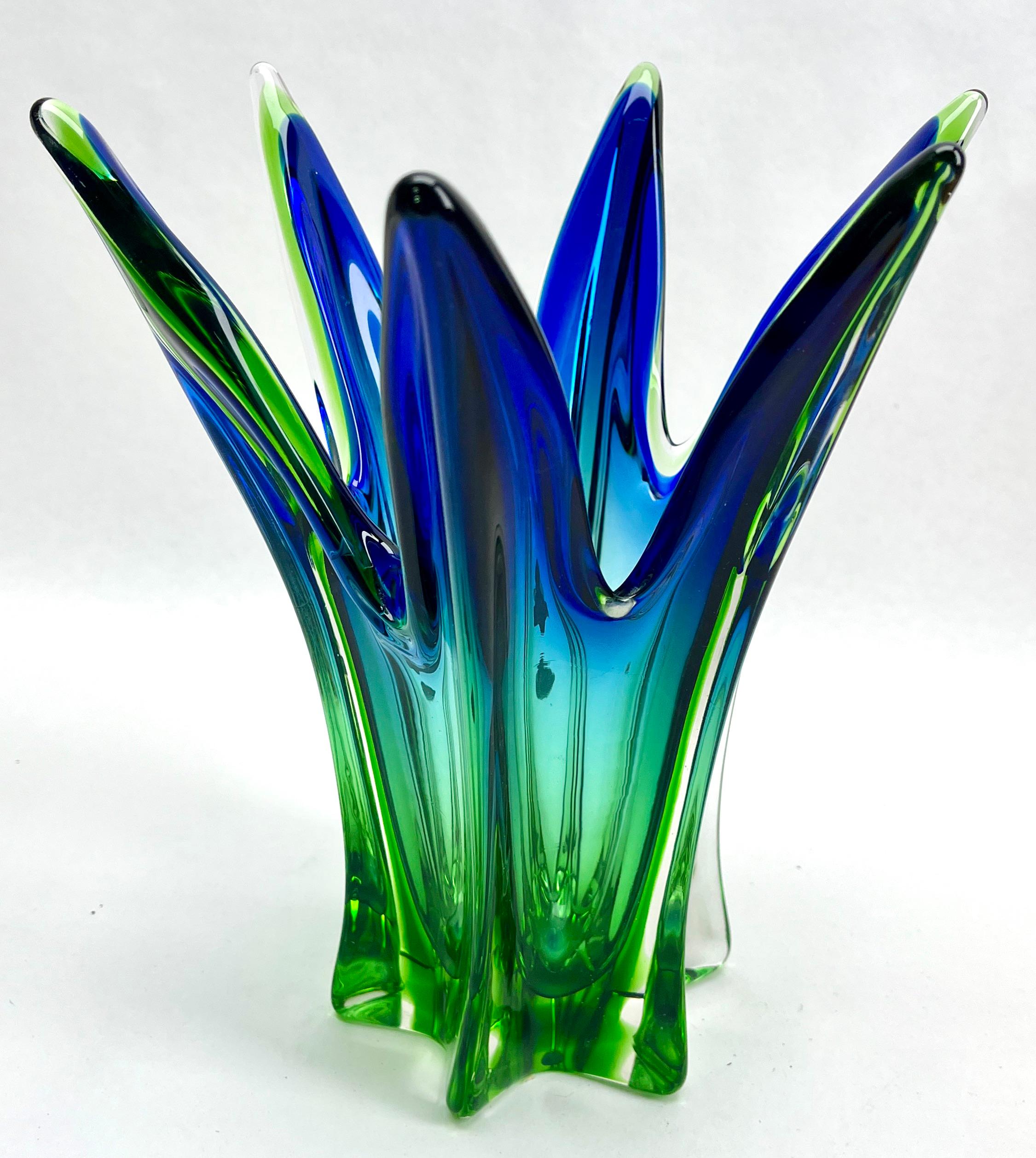Mid-20th Century Solid Crystal Biomorphic Vase with Waves of Bright Green and Sommerso Bohemian
