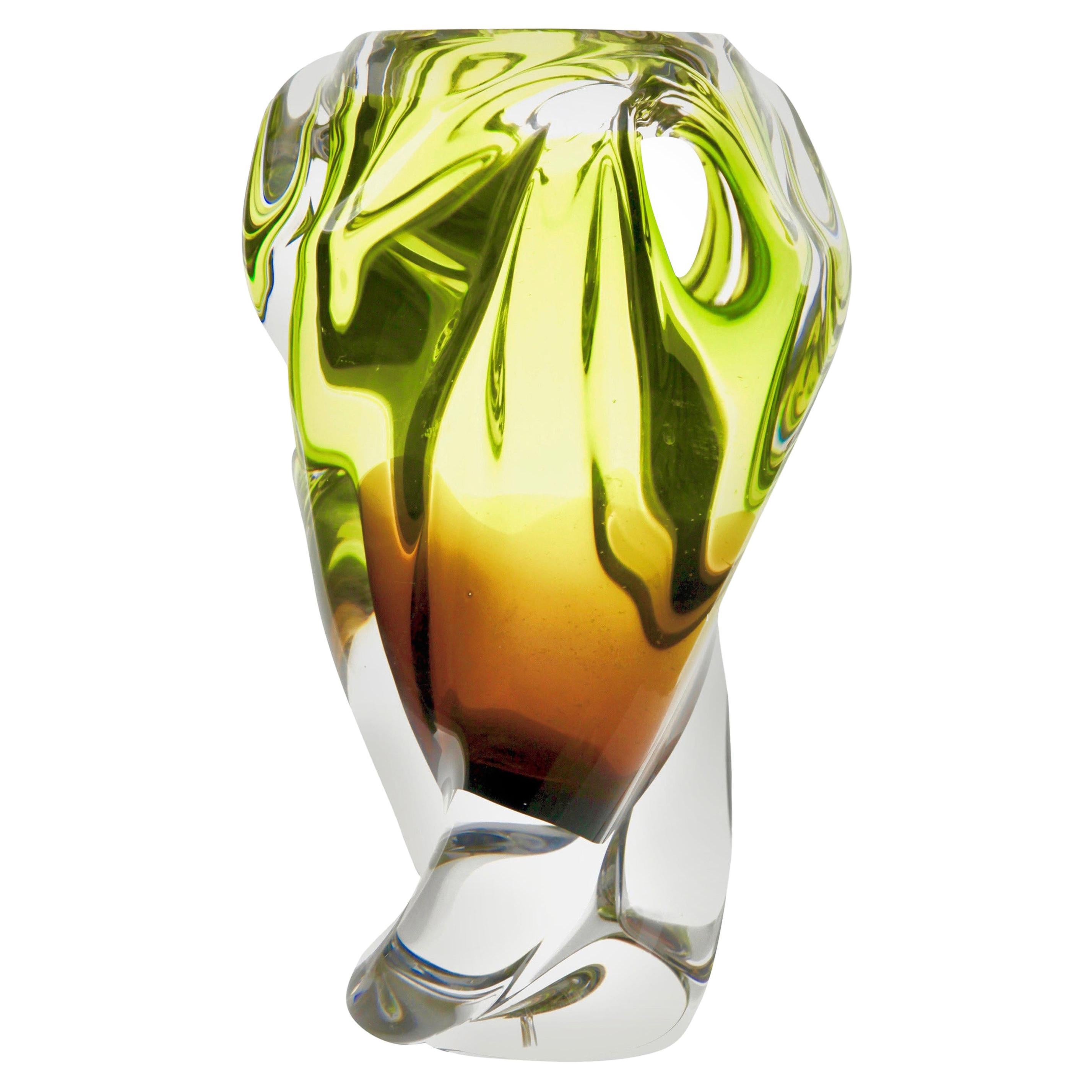 Solid Crystal Biomorphic Vase with Waves of Bright Green and Sommerso For Sale