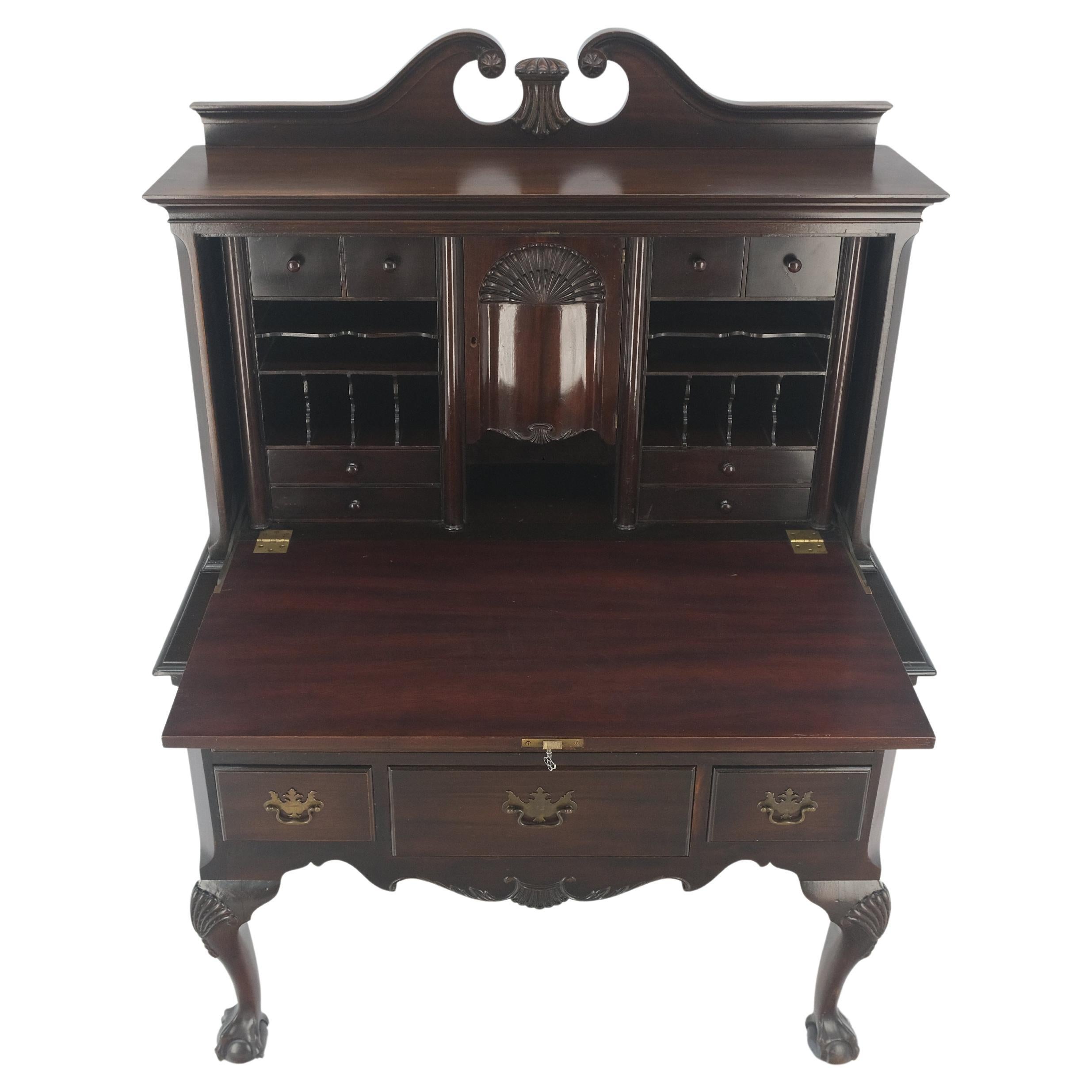 Solid Dark Mahogany Ball & Claw Chippendale Style Secretary Desk Bureau Cabinet