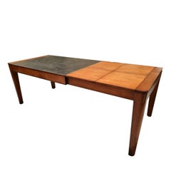 French rectangular handcrafted extendable table in solid oak wood & ceramic top