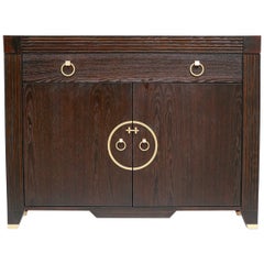 Solid Dark Wooden Sideboard with Brass Accents and Large Storage