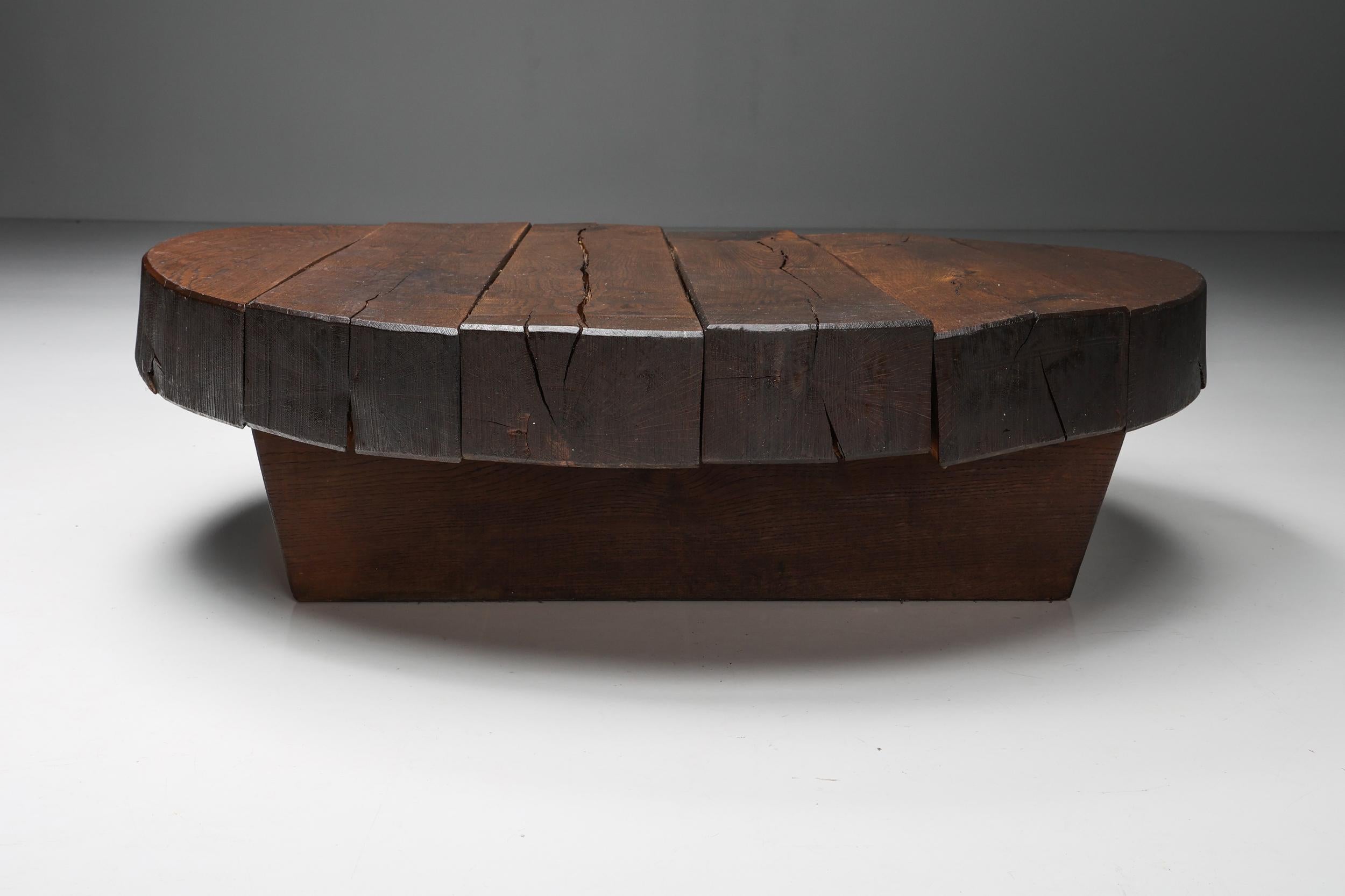 French Solid Dark Wooden Wabi-Sabi Round Coffee Table, Rustic, 1950's