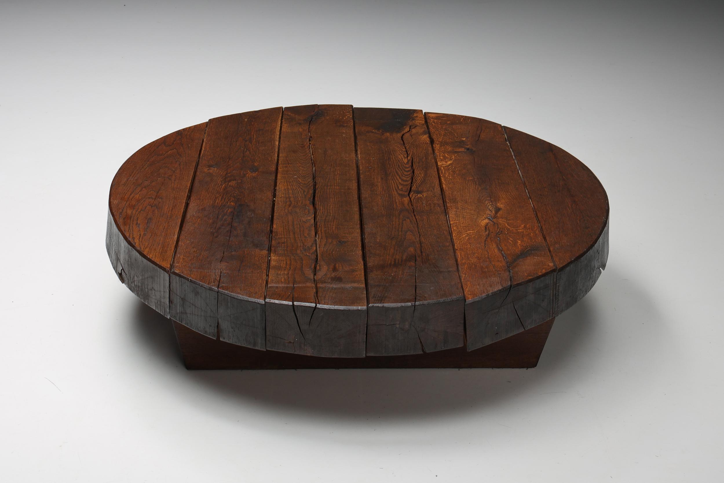 Solid Dark Wooden Wabi-Sabi Round Coffee Table, Rustic, 1950's In Excellent Condition In Antwerp, BE