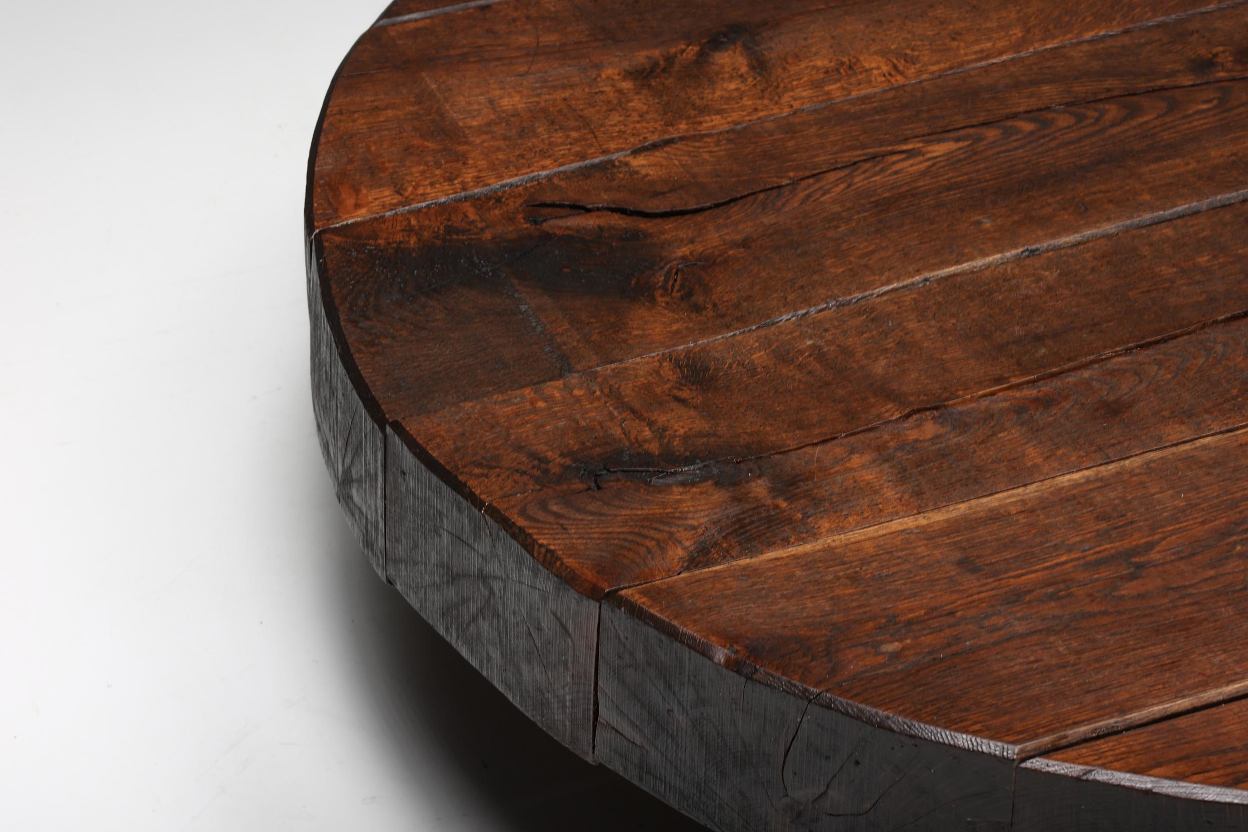 Solid Dark Wooden Wabi-Sabi Round Coffee Table, Rustic, 1950's 2